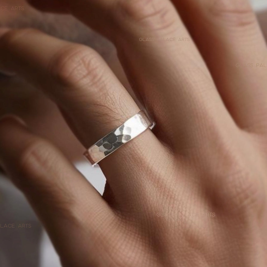 Thick Sterling Silver Hammered Ring for Men - Wedding Band For Him