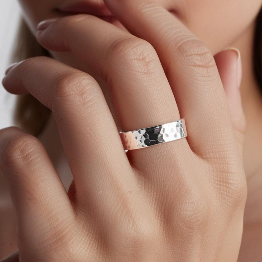 Thick Sterling Silver Hammered Ring Unisex - Wedding Band For Him Or Her
