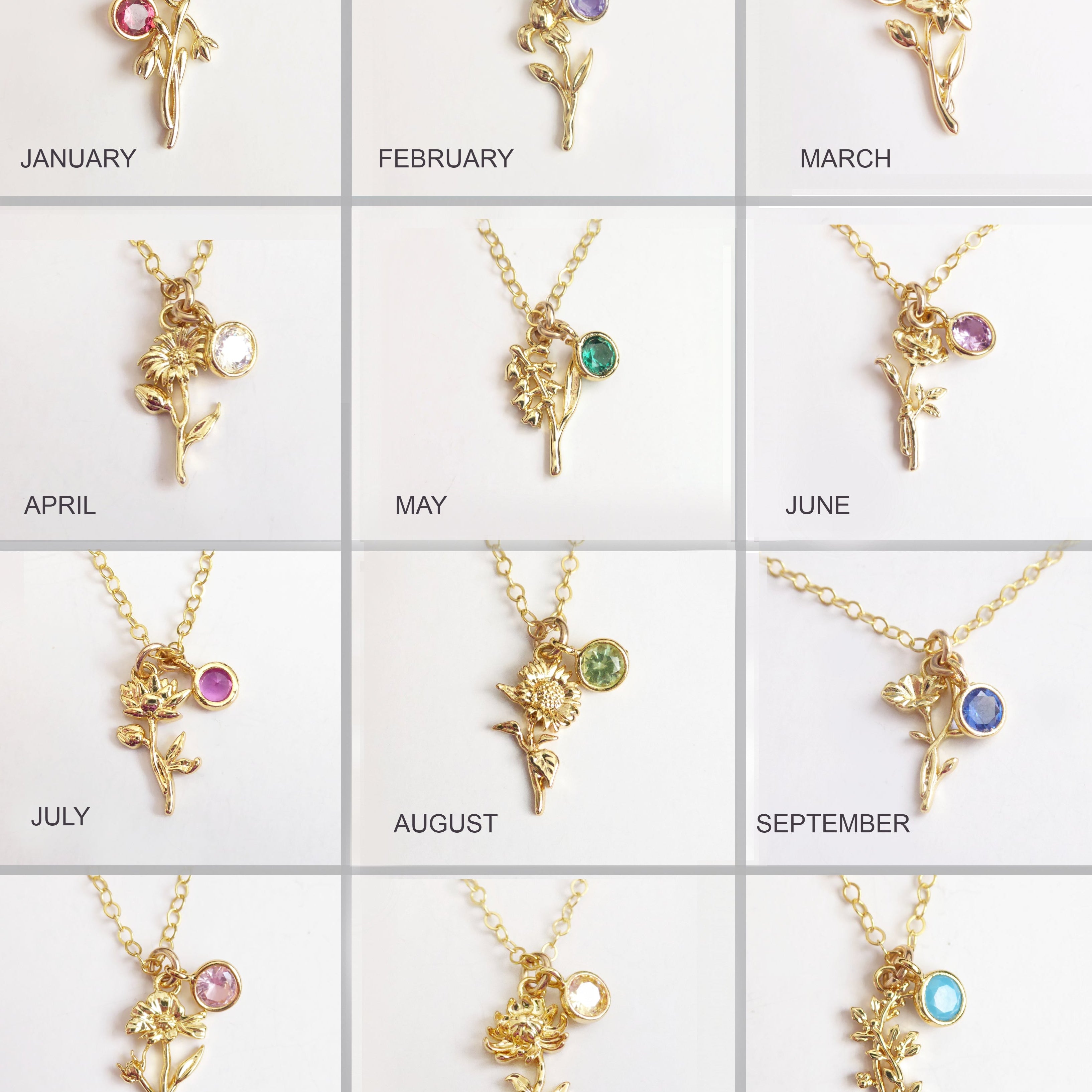 Gold flower necklaces with corresponding birthstones for each month on a white background