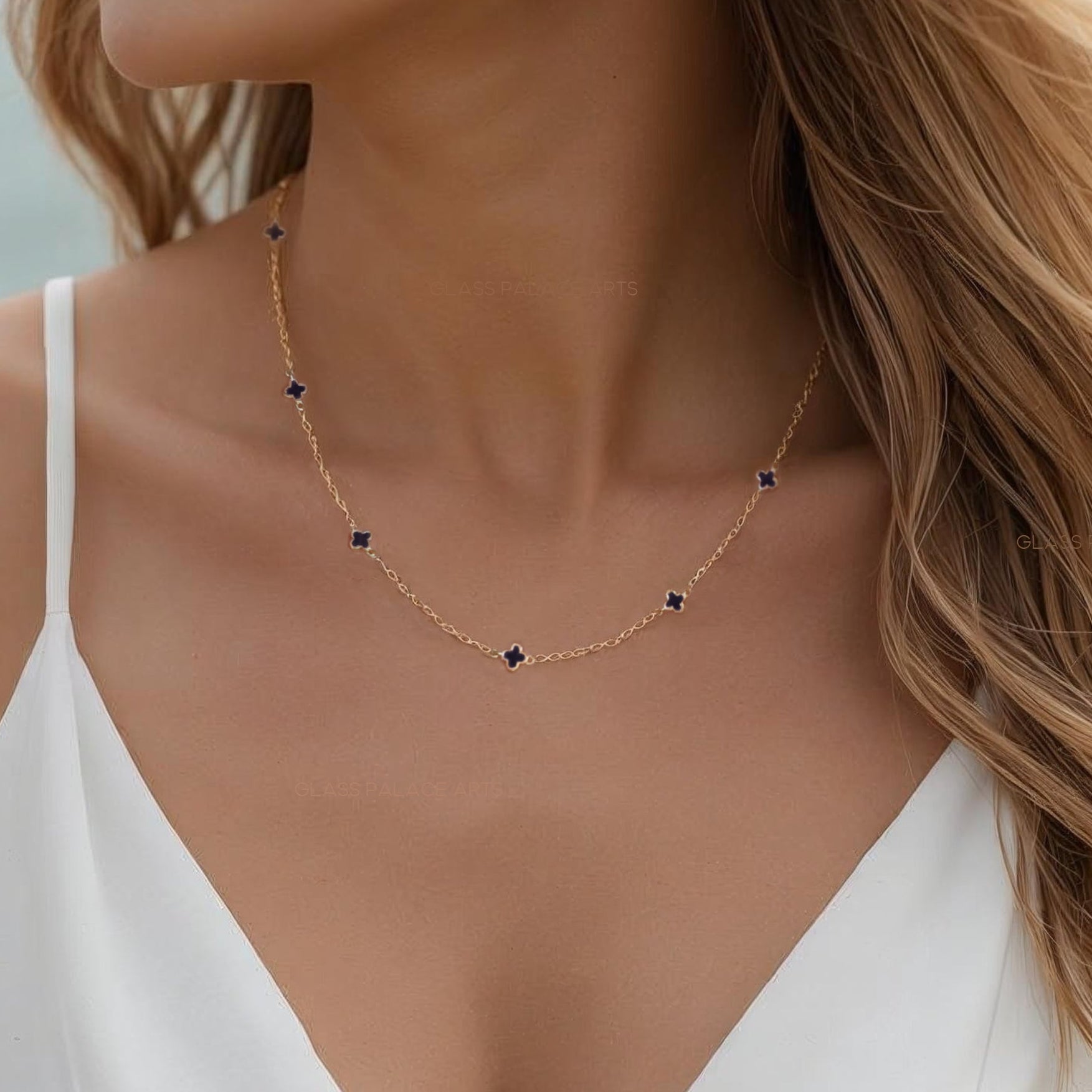 Dainty black Clover Choker Necklace - Dotted Minimalist Layering Chain Necklace