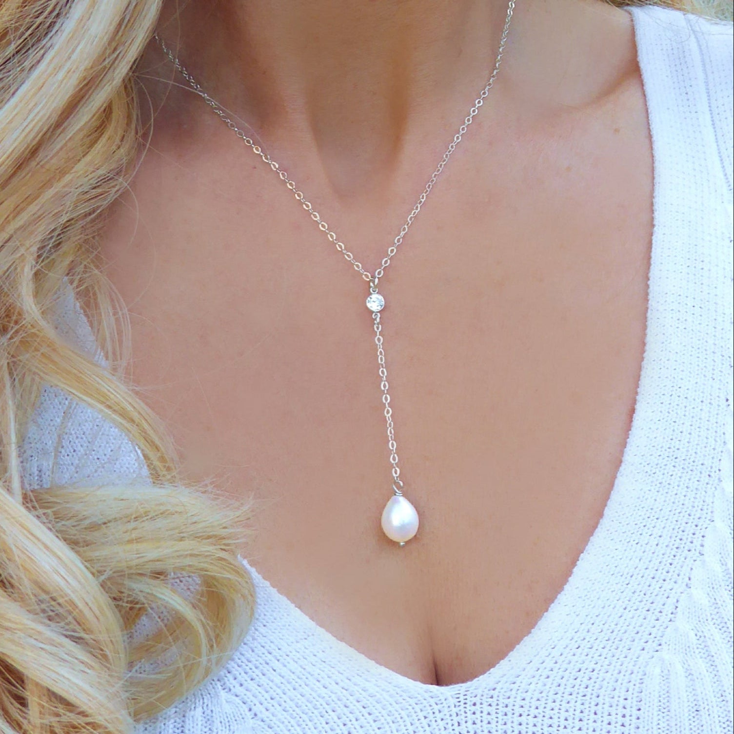 Freshwater Pearl and Cubic Zirconia Lariat Pendant Necklace