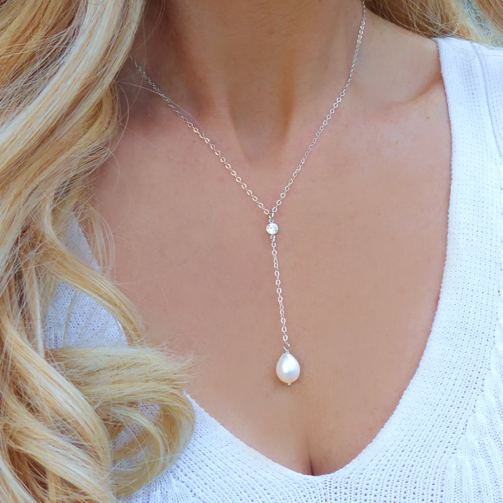 Freshwater Pearl and Cubic Zirconia Lariat Pendant Necklace
