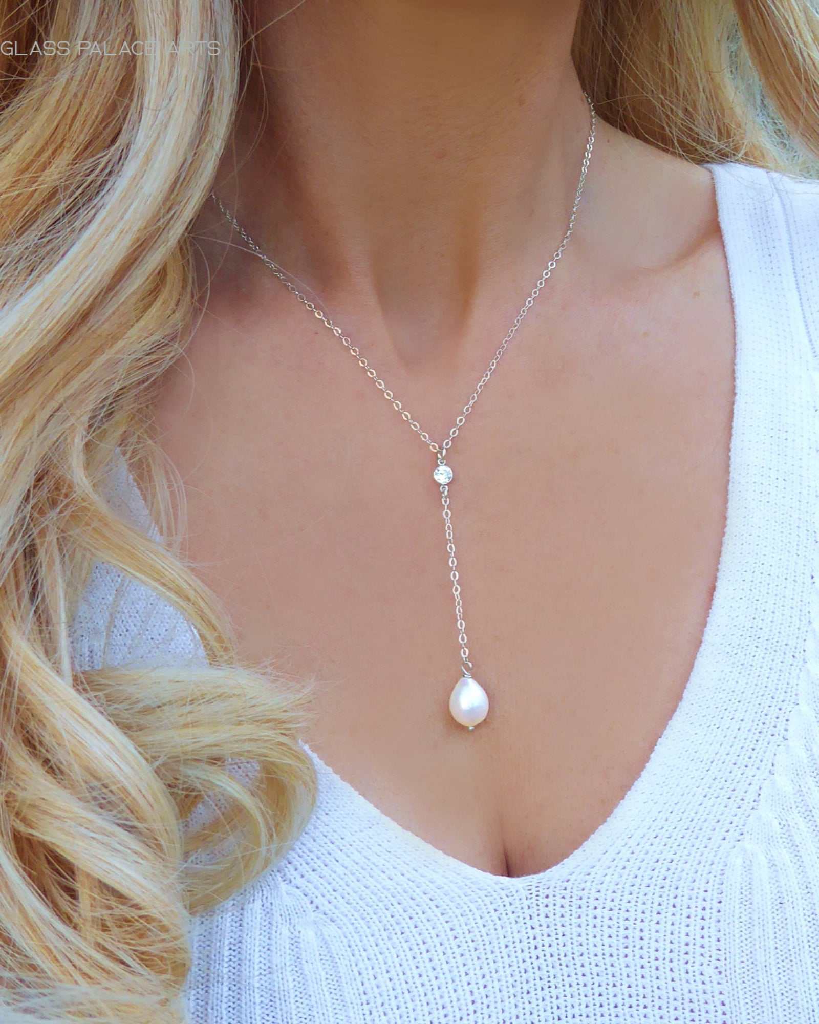 Freshwater Pearl and Cubic Zirconia Lariat Pendant Necklace