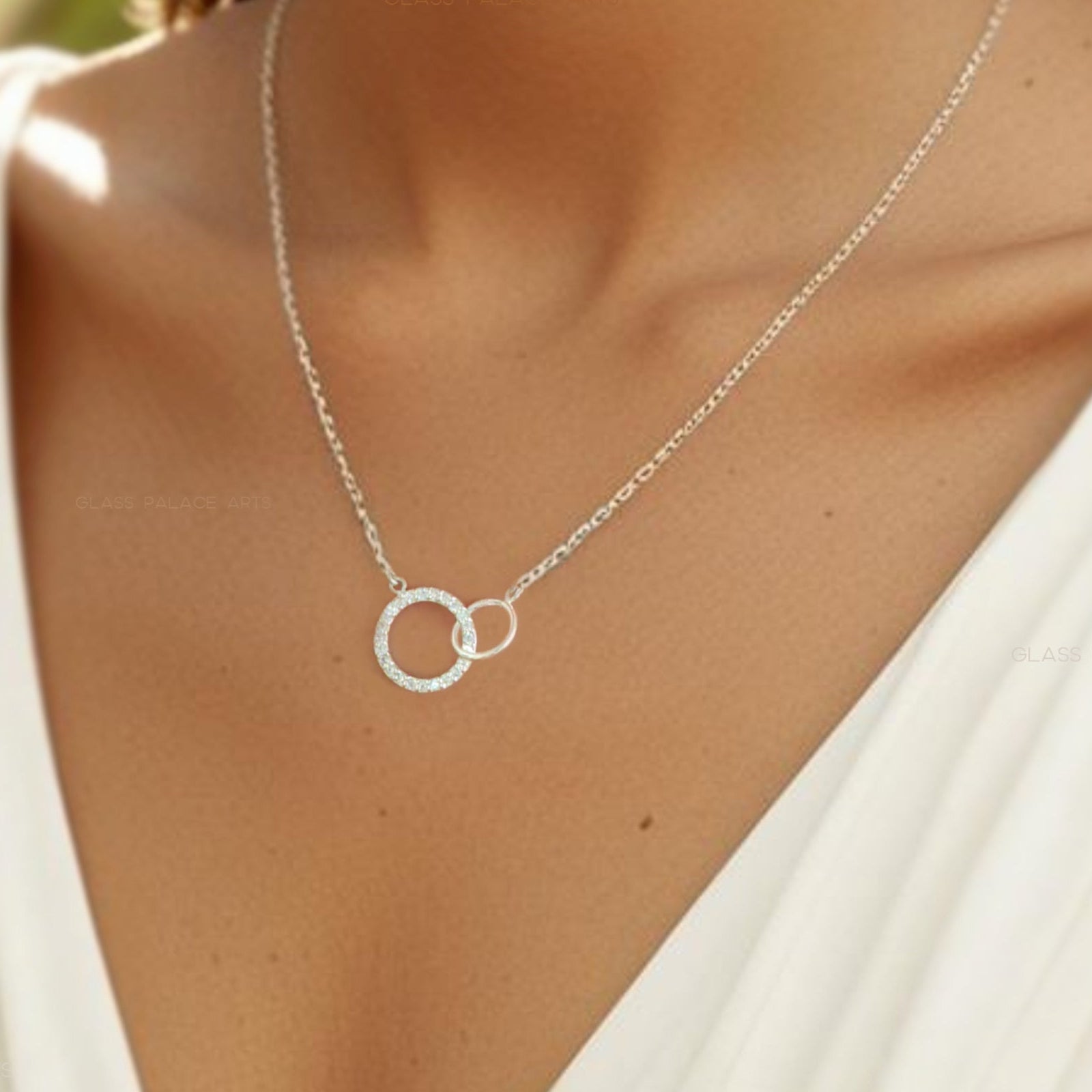 Sterling Silver Cubic Zirconia Infinity Necklace With Interlocking Circles and Pave' Stones