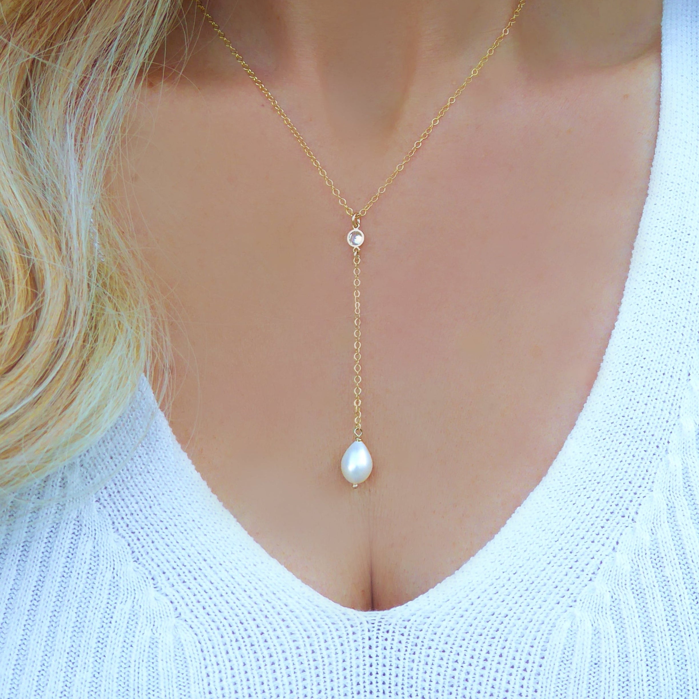 Freshwater Pearl and Cubic Zirconia Lariat Pendant Necklace
