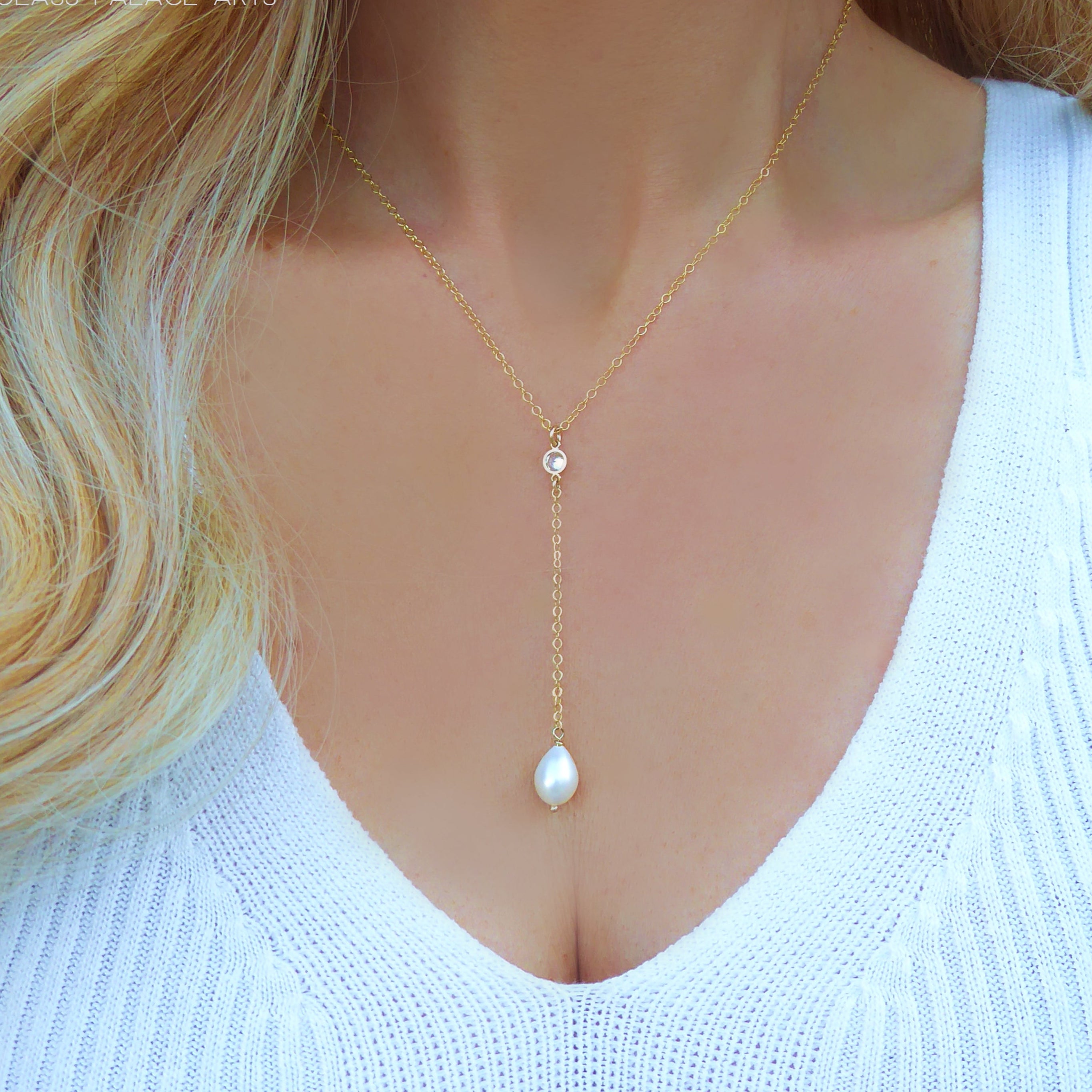 Freshwater Pearl and Cubic Zirconia Lariat Pendant Necklace