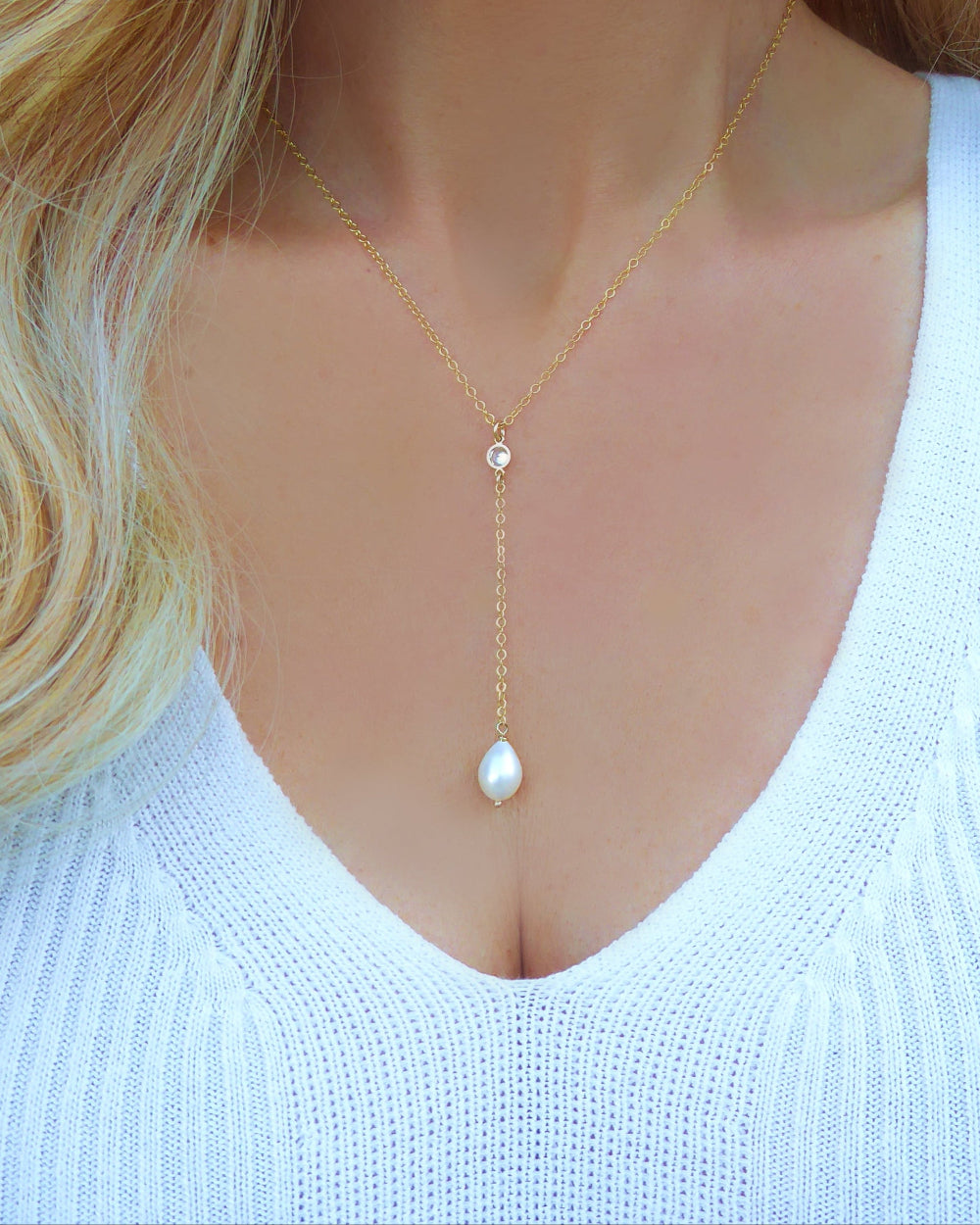 Freshwater Pearl and Cubic Zirconia Lariat Pendant Necklace