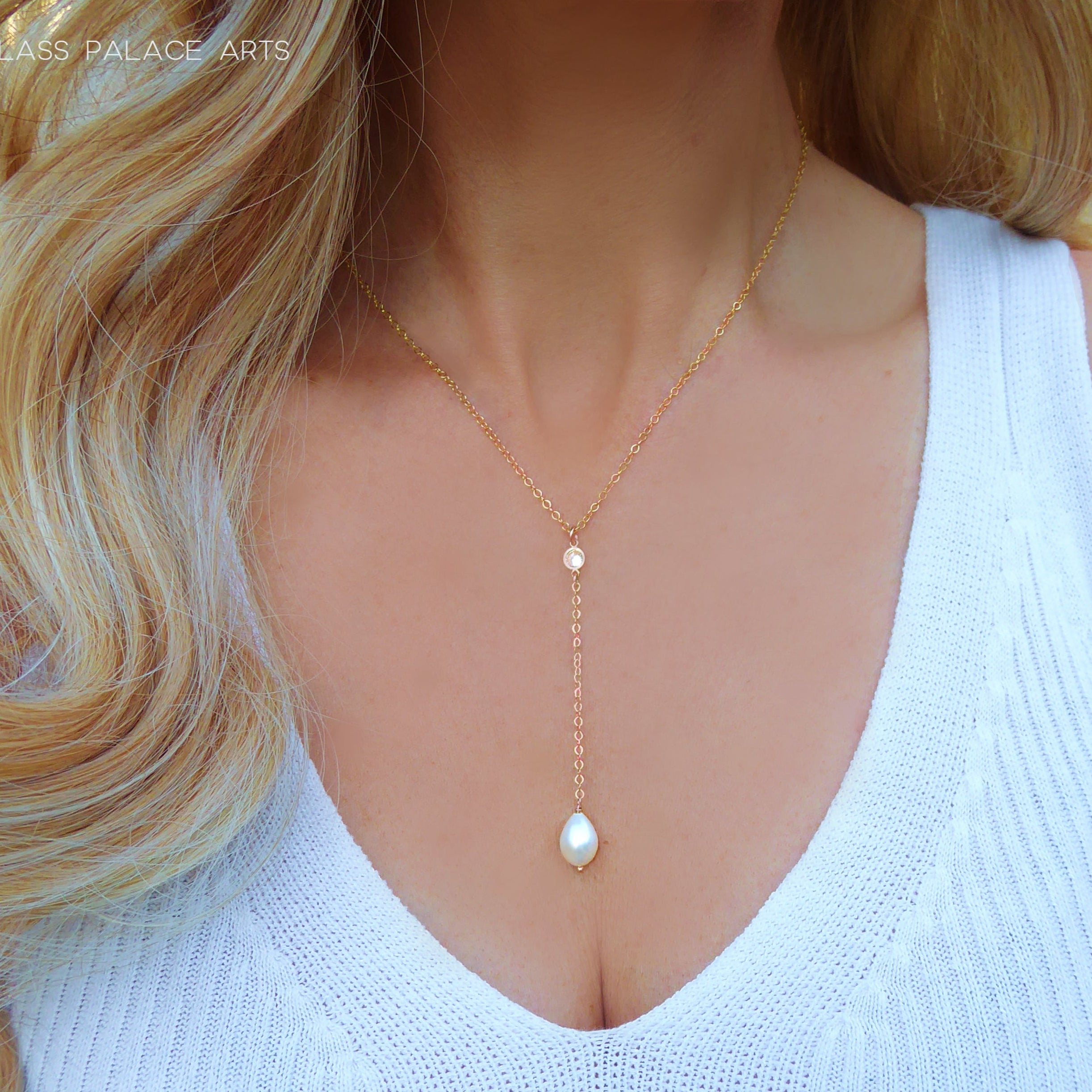 Freshwater Pearl and Cubic Zirconia Lariat Pendant Necklace
