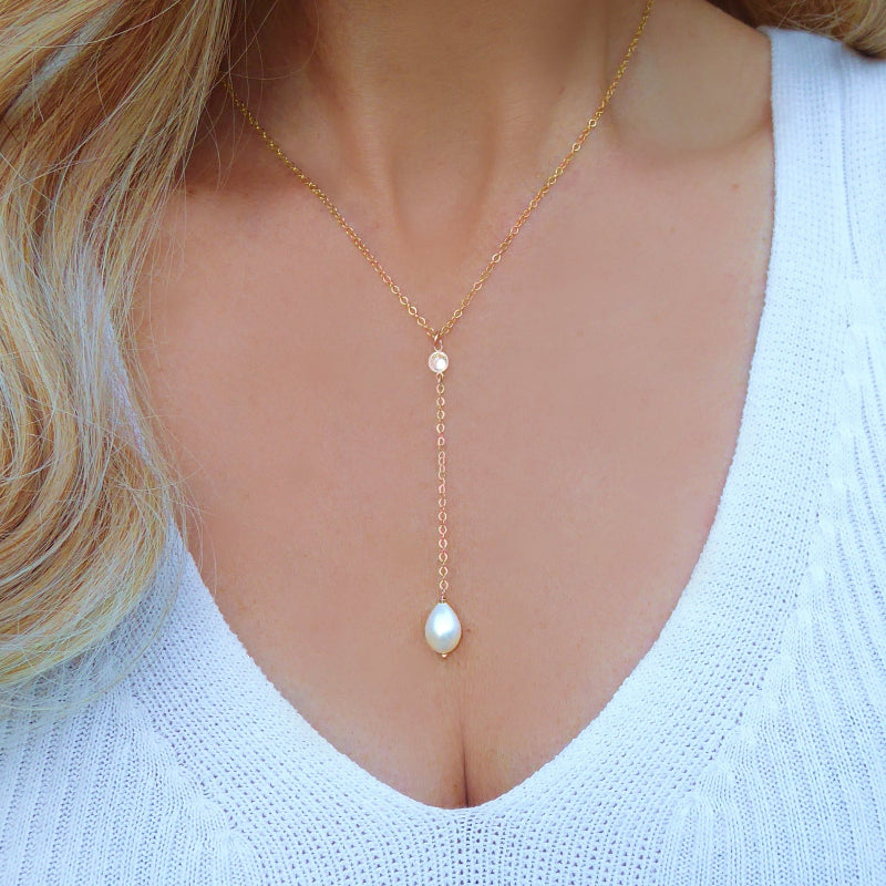 Freshwater Pearl and Cubic Zirconia Lariat Pendant Necklace