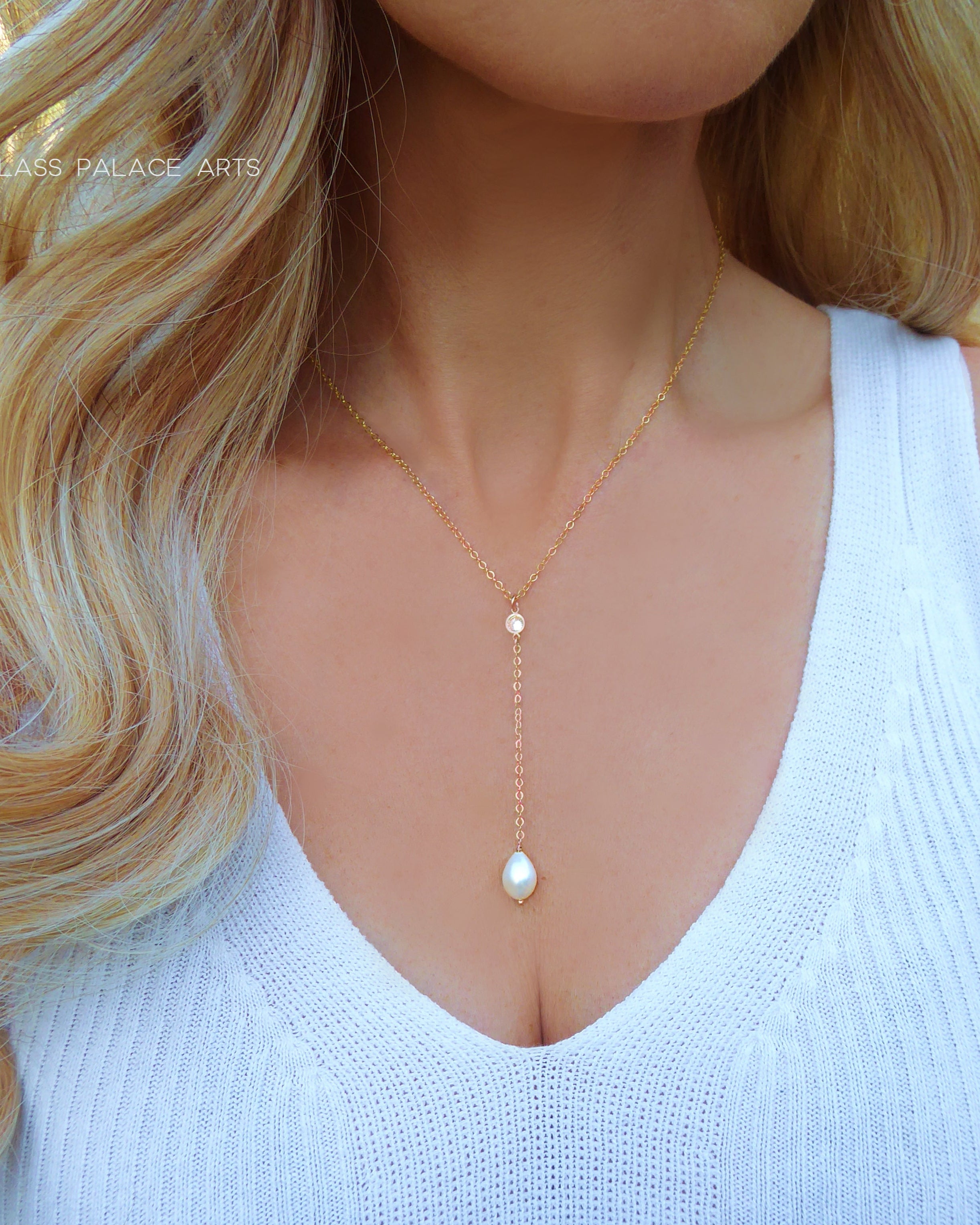 Freshwater Pearl and Cubic Zirconia Lariat Pendant Necklace