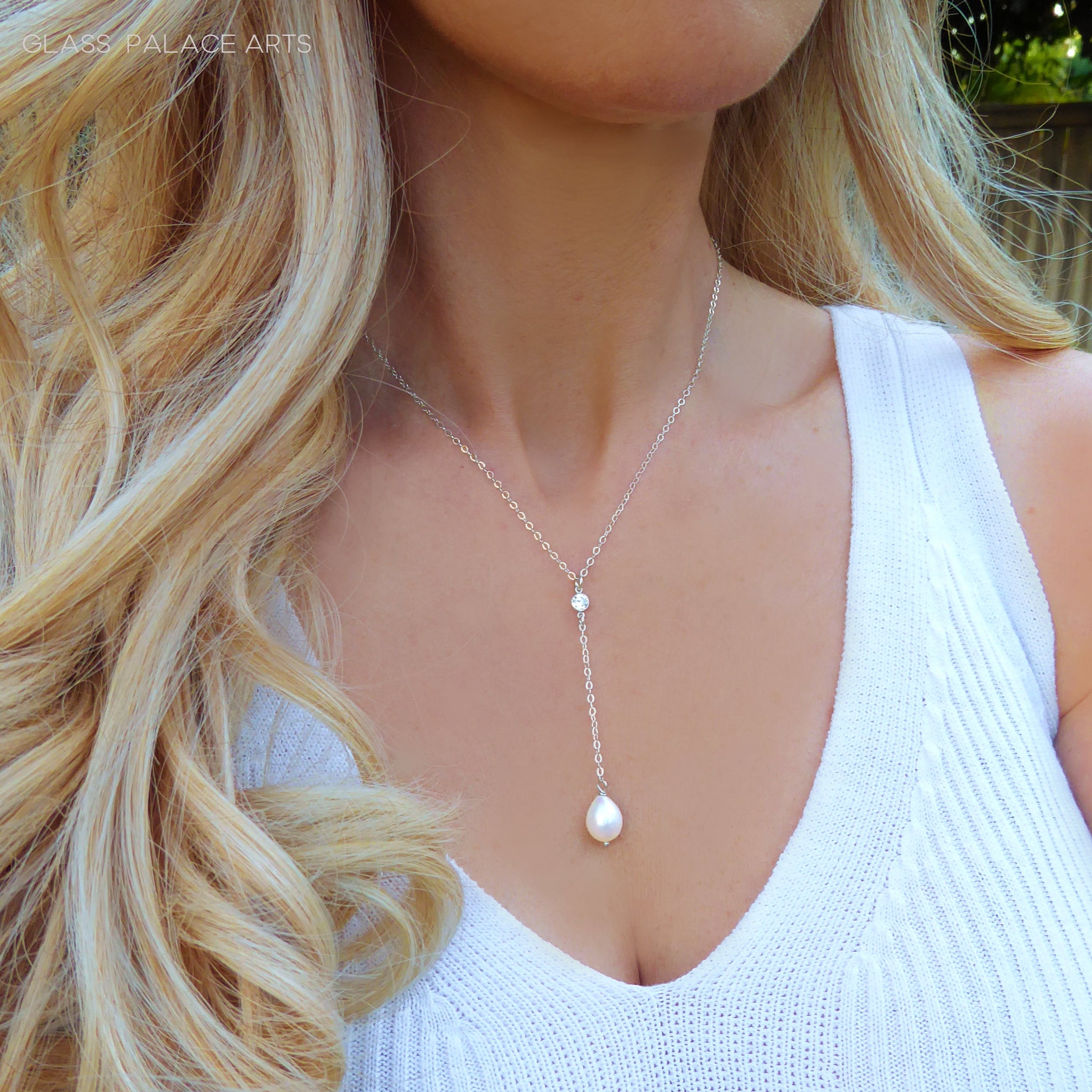 Freshwater Pearl and Cubic Zirconia Lariat Pendant Necklace