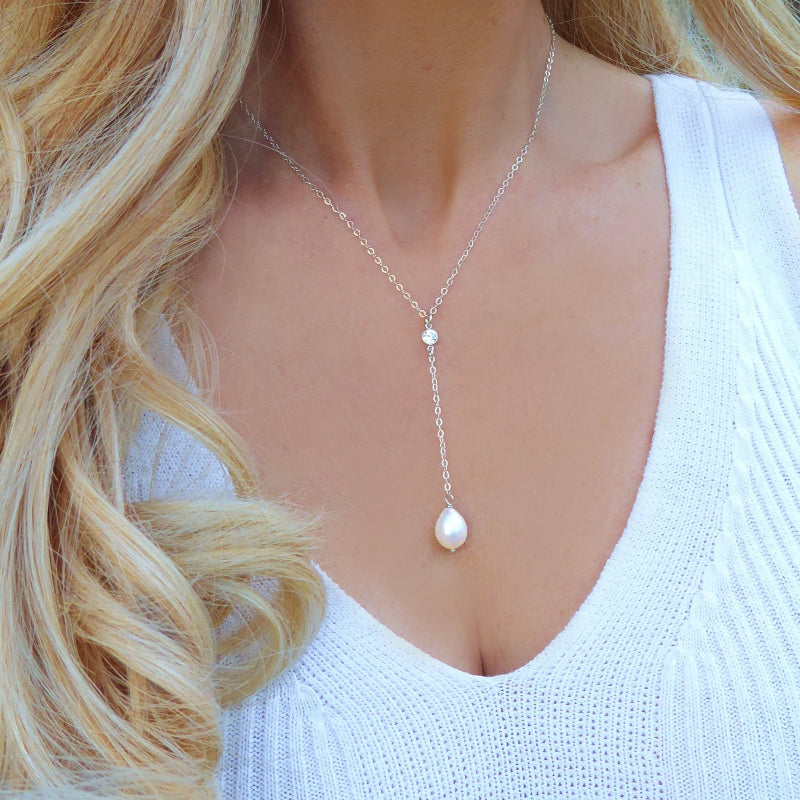 Freshwater Pearl and Cubic Zirconia Lariat Pendant Necklace