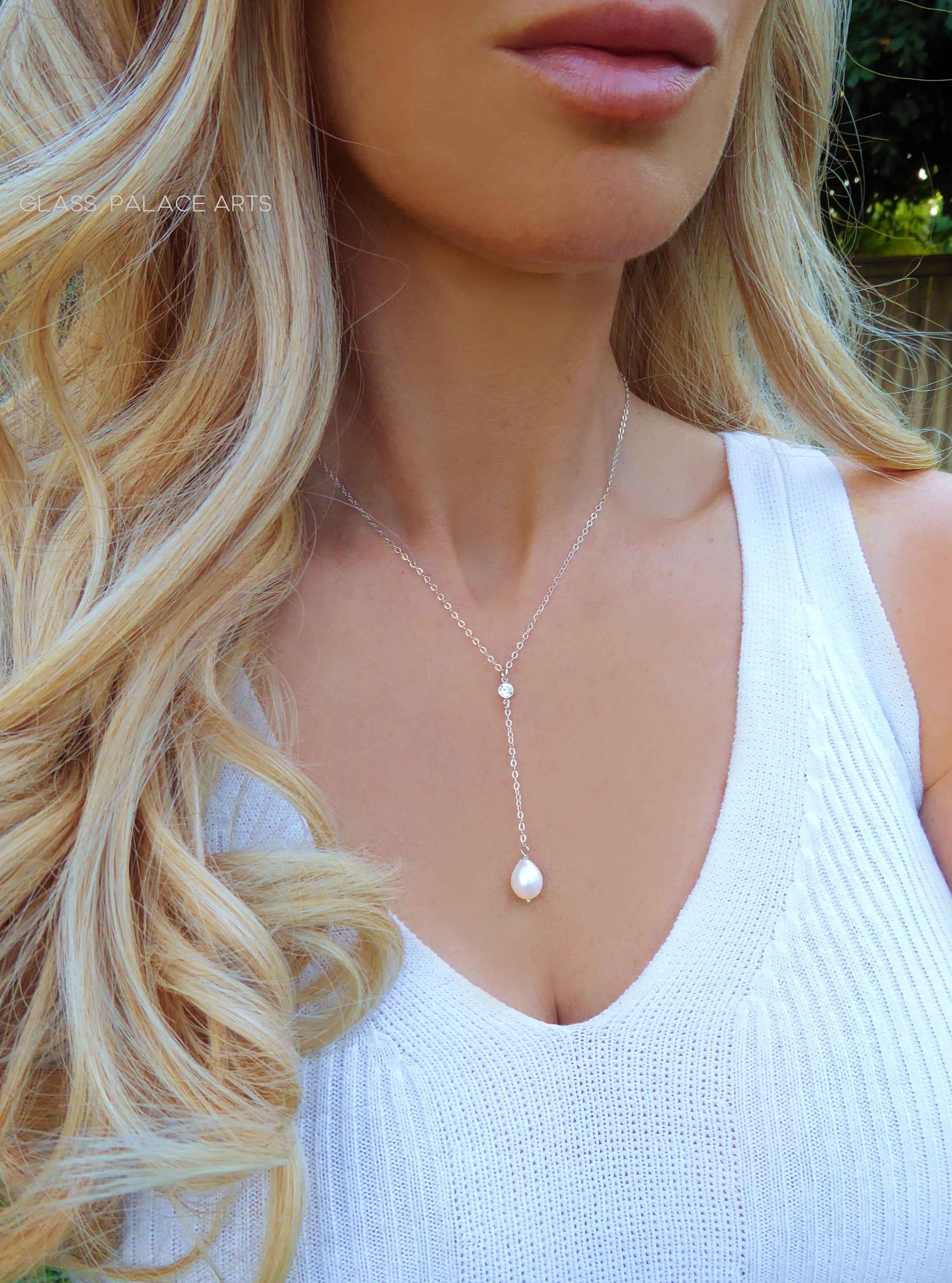 Freshwater Pearl and Cubic Zirconia Lariat Pendant Necklace