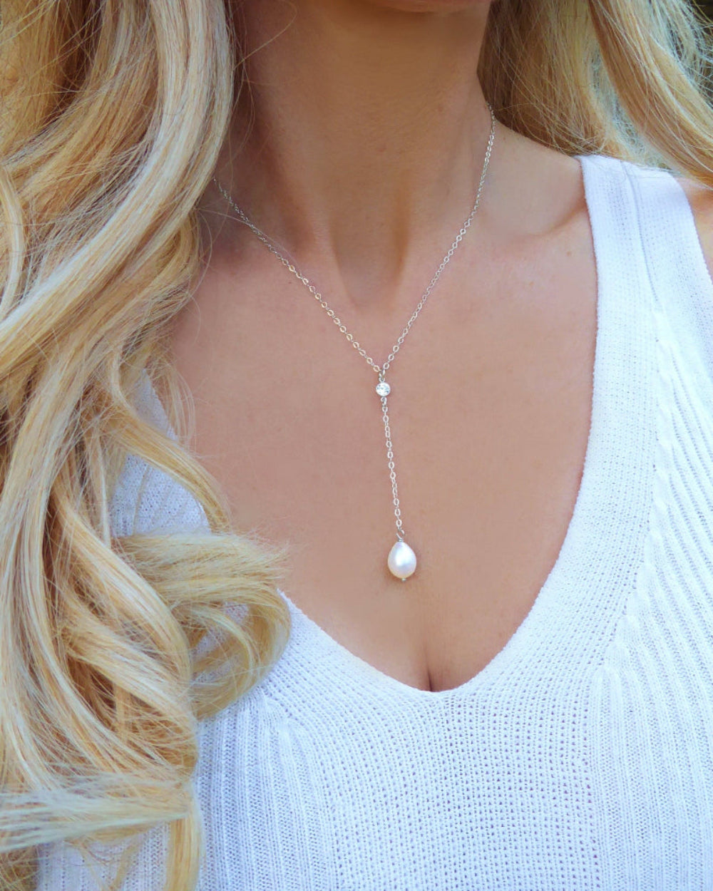 Freshwater Pearl and Cubic Zirconia Lariat Pendant Necklace