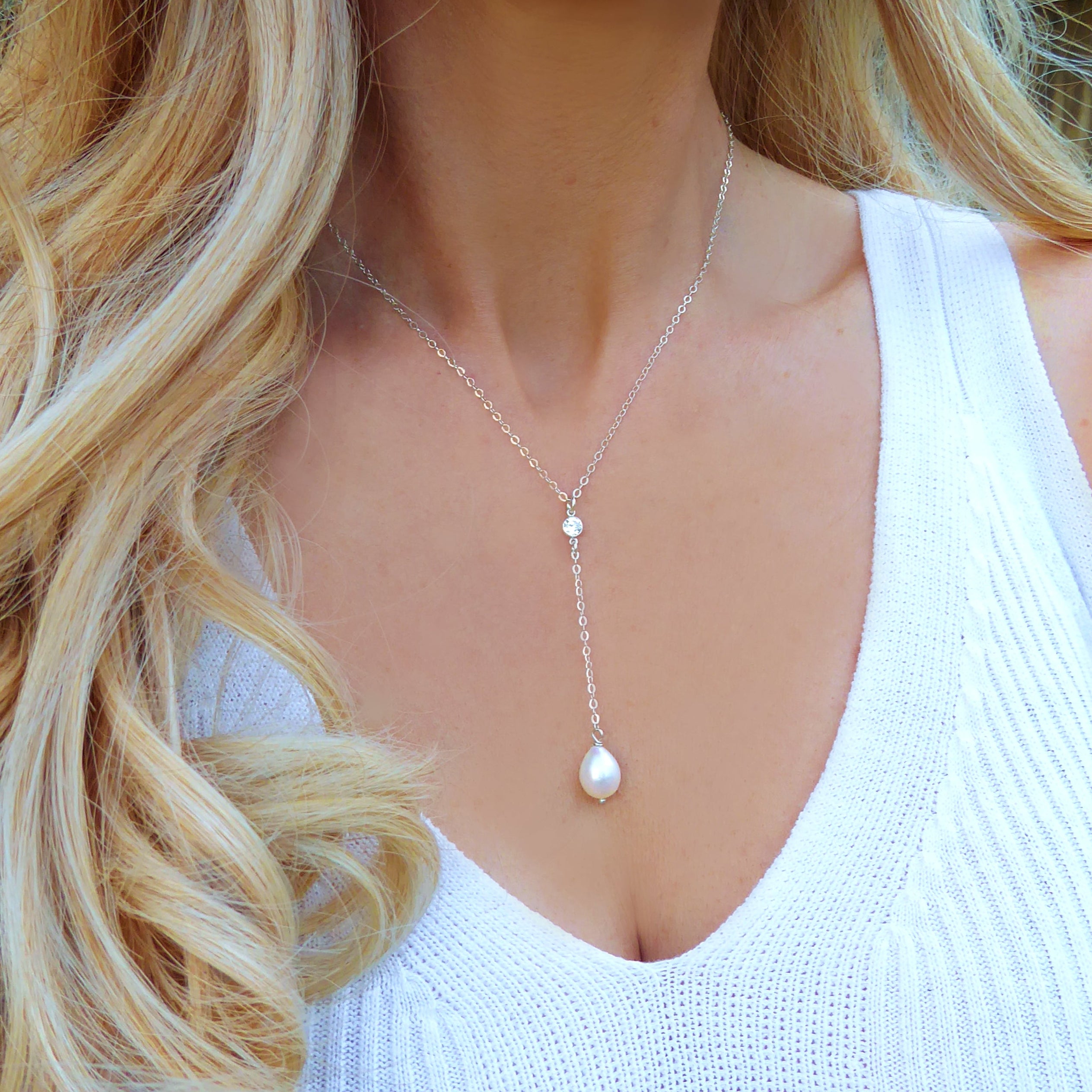Freshwater Pearl and Cubic Zirconia Lariat Pendant Necklace