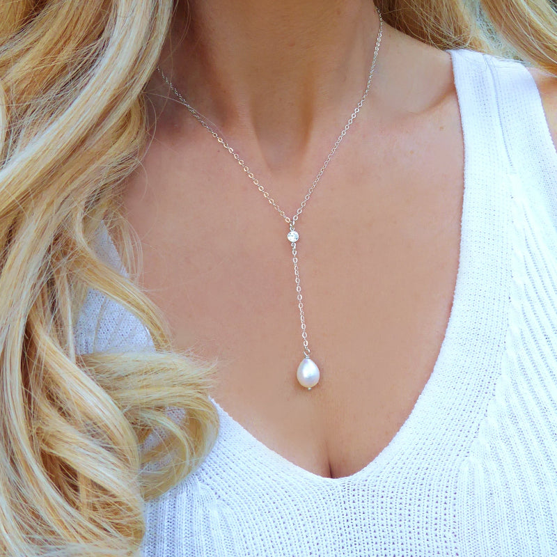 Freshwater Pearl and Cubic Zirconia Lariat Pendant Necklace