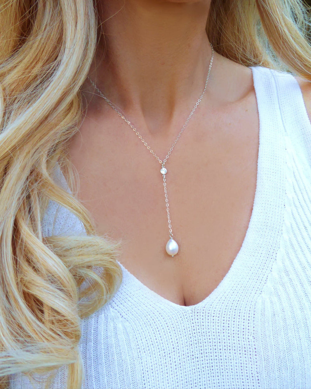 Freshwater Pearl and Cubic Zirconia Lariat Pendant Necklace