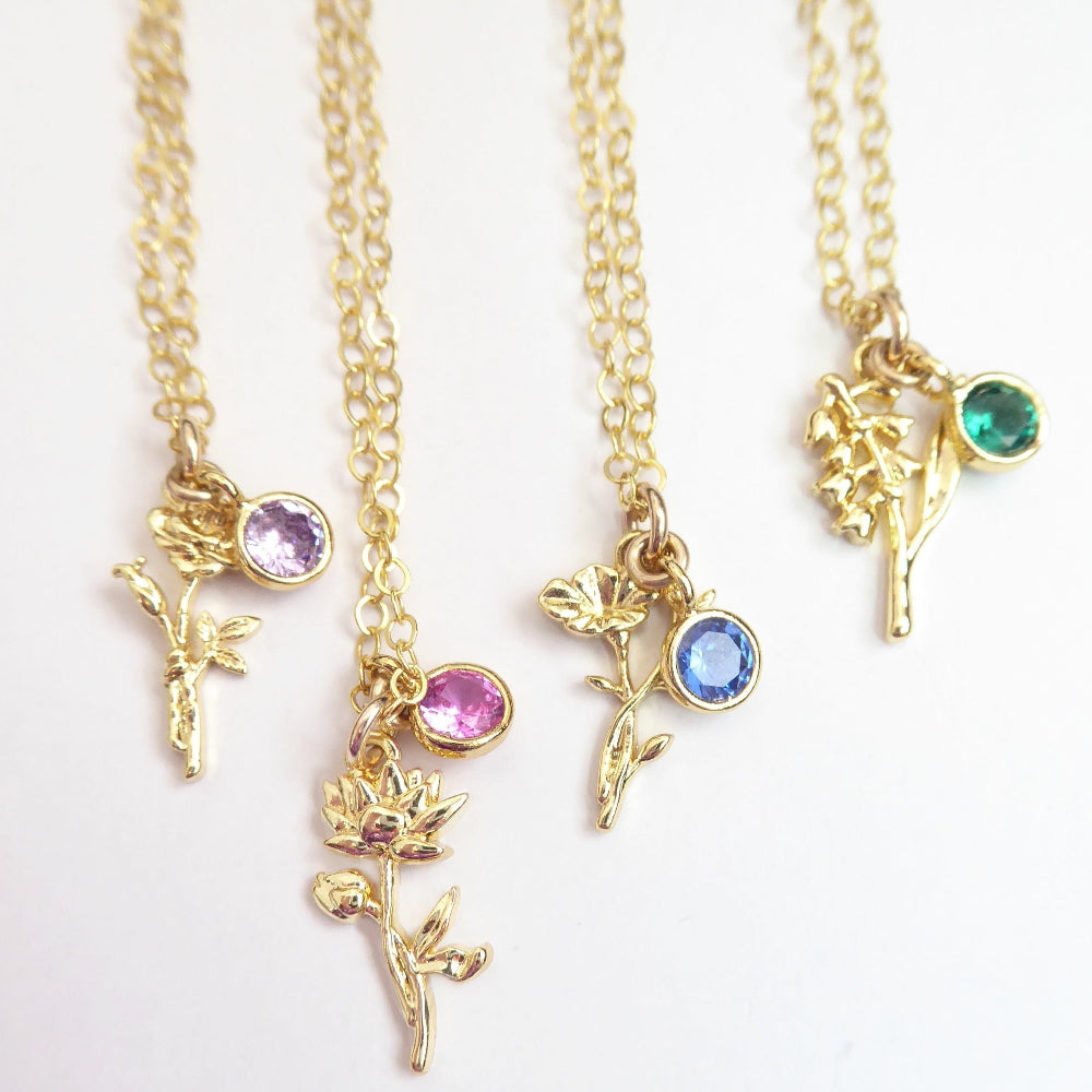 Birthstone Flower Necklace: Customized Gold Fill Birth Flower Bouquet Jewelry
