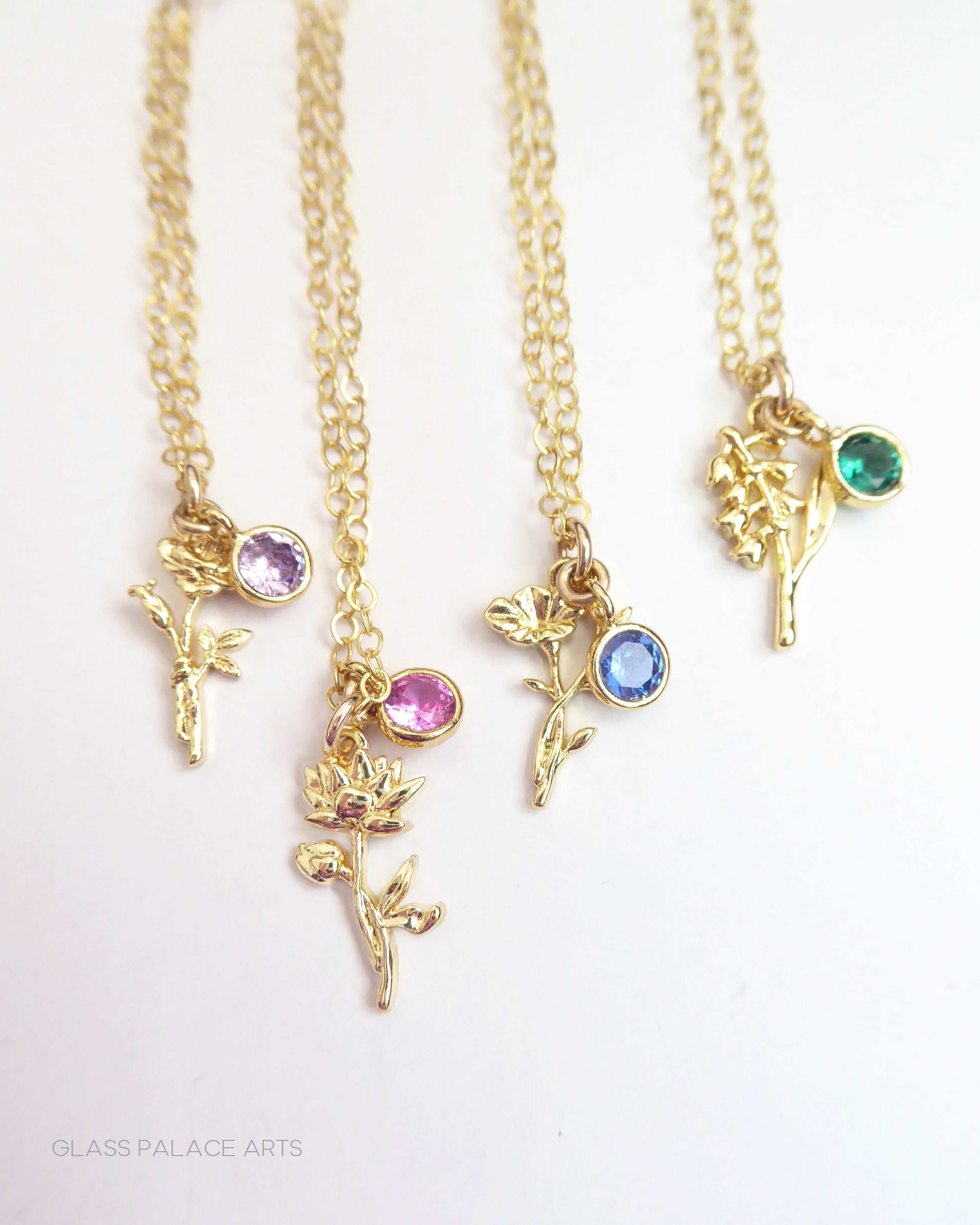 Birthstone Flower Necklace: Customized Gold Fill Birth Flower Bouquet Jewelry