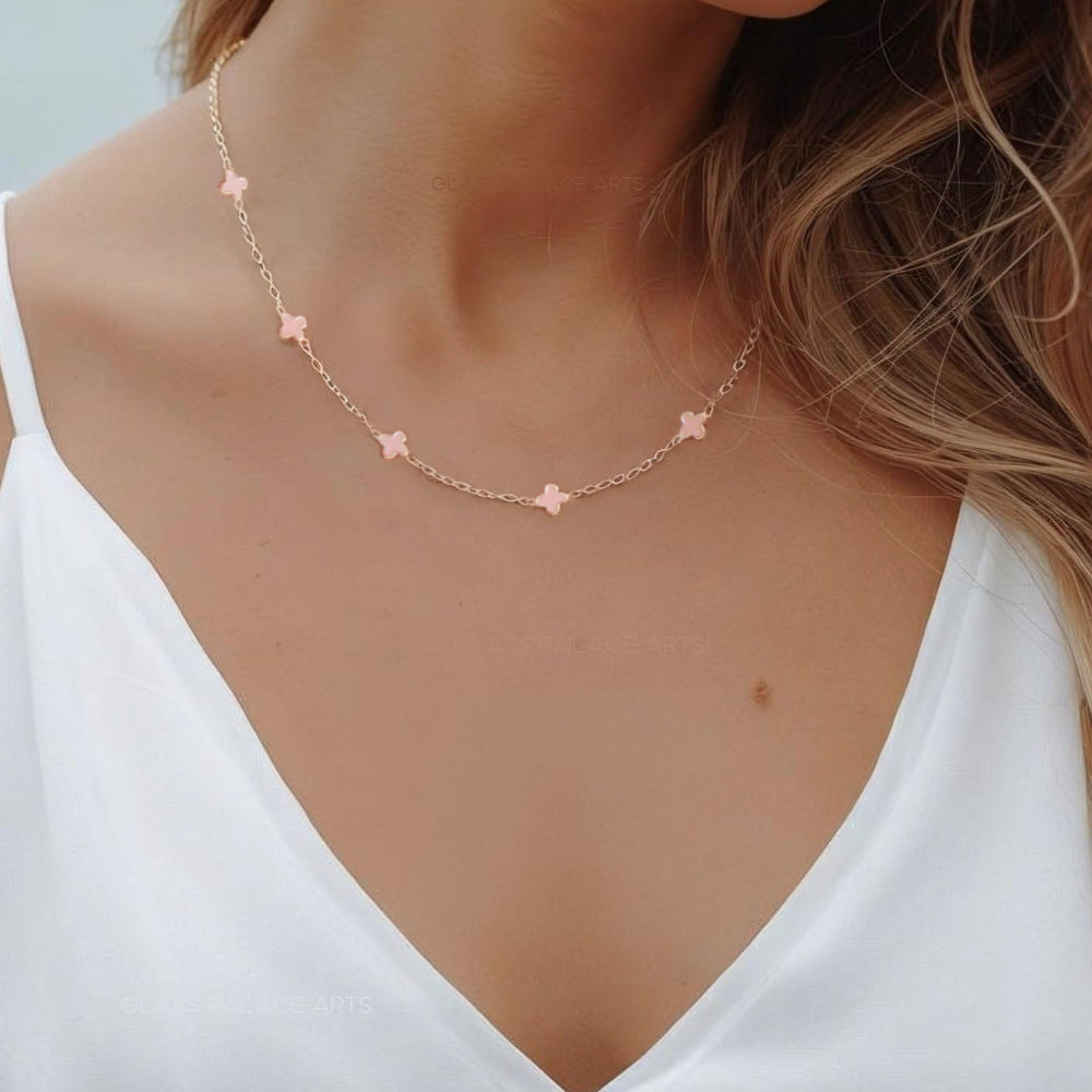 Light Pink Dainty Clover Choker Necklace - Dotted Minimalist Layering Chain Necklace
