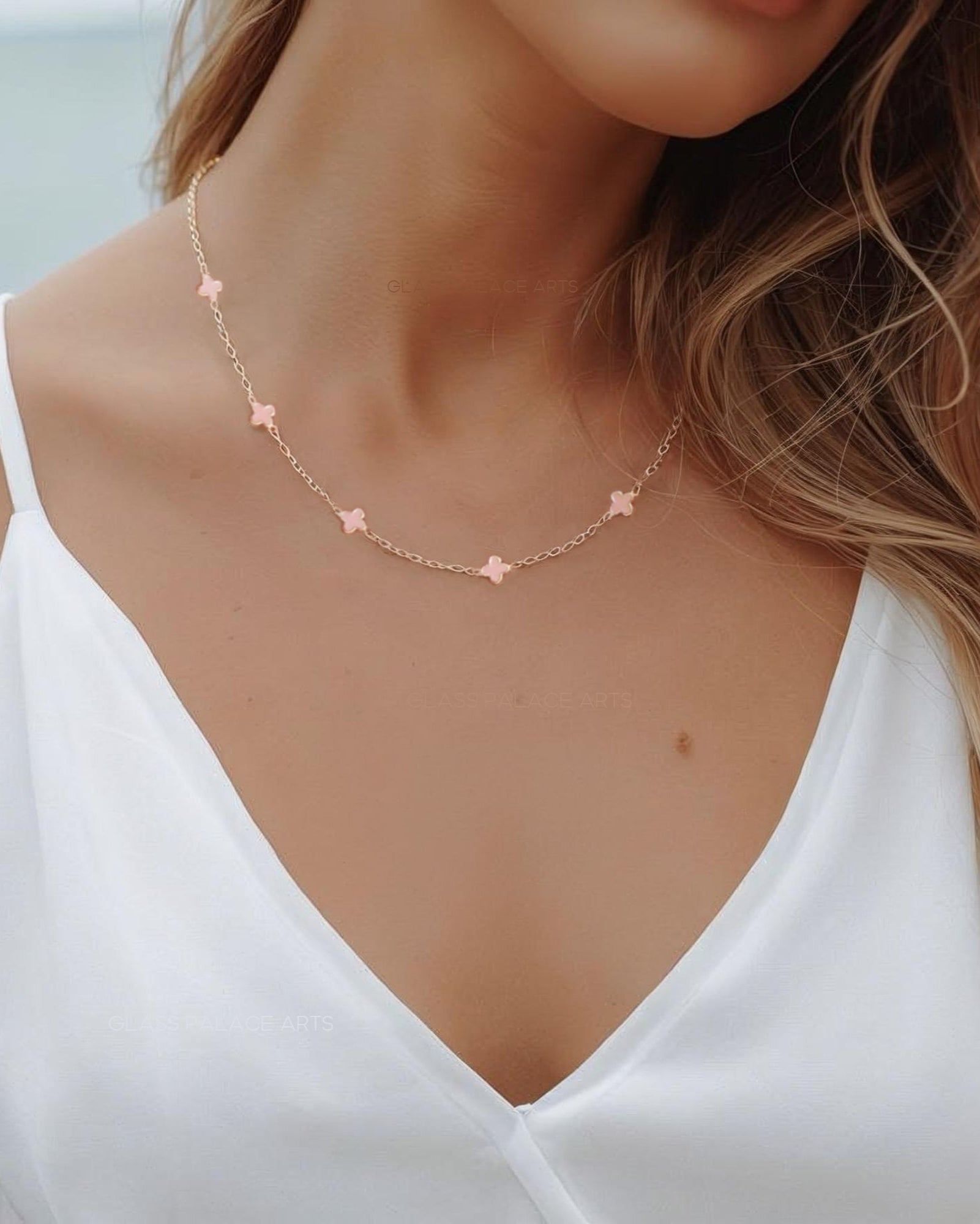 Light Pink Dainty Clover Choker Necklace - Dotted Minimalist Layering Chain Necklace