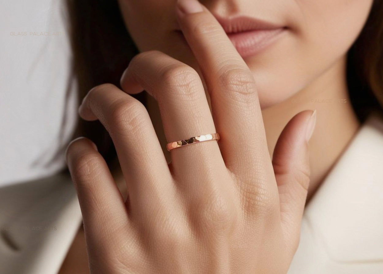 Simple Rose Gold Ring For Women, Hammered Rose Gold Fill Wedding Band, 2mm