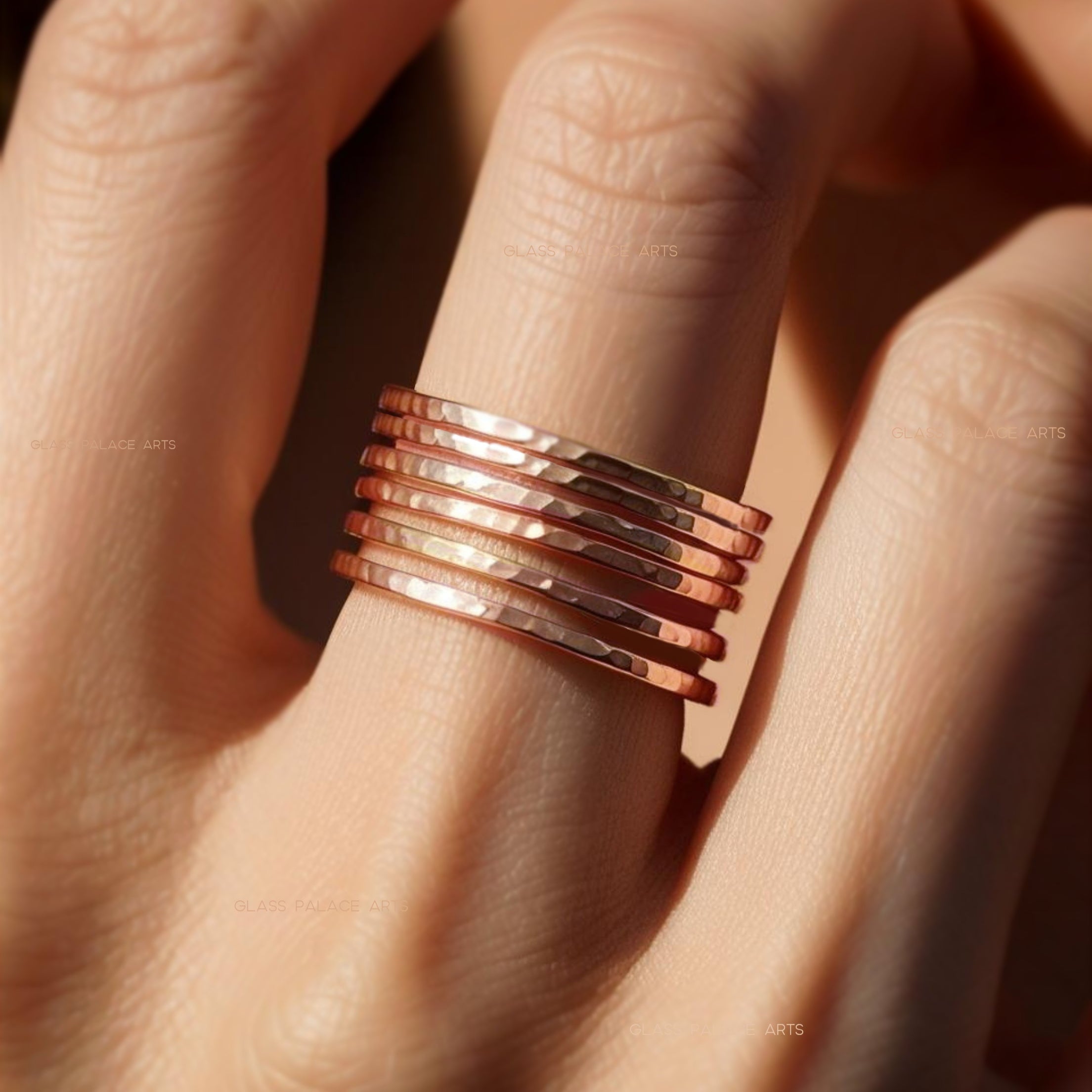 Hammered Rose Gold Stacking Rings for Women 1 mm