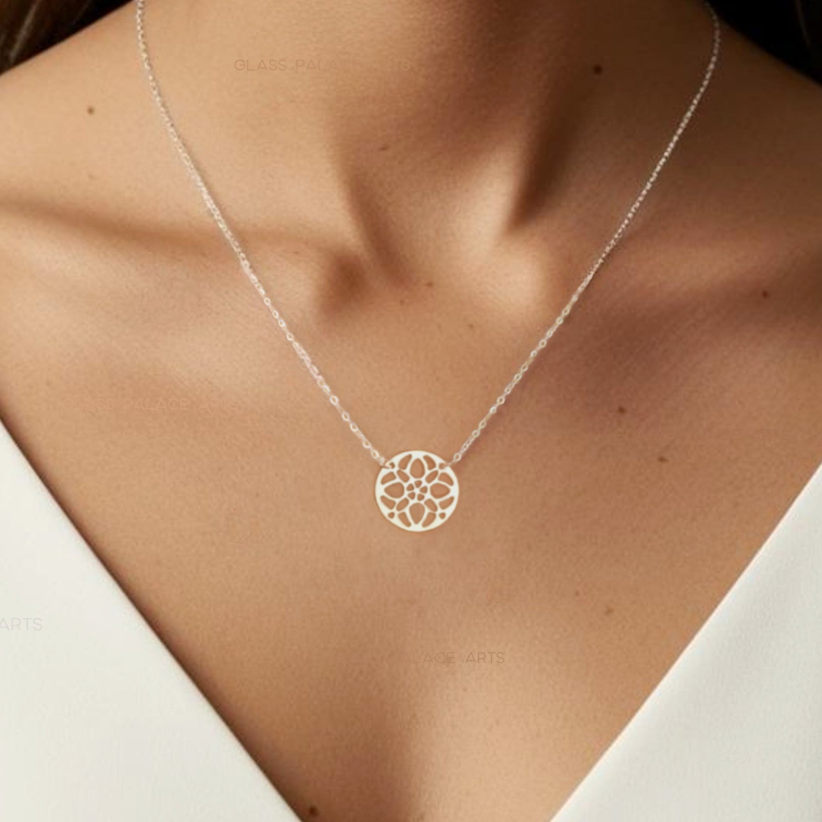 Sterling Silver Medallion Pendant Necklace For Women With Circle Filigree Pattern