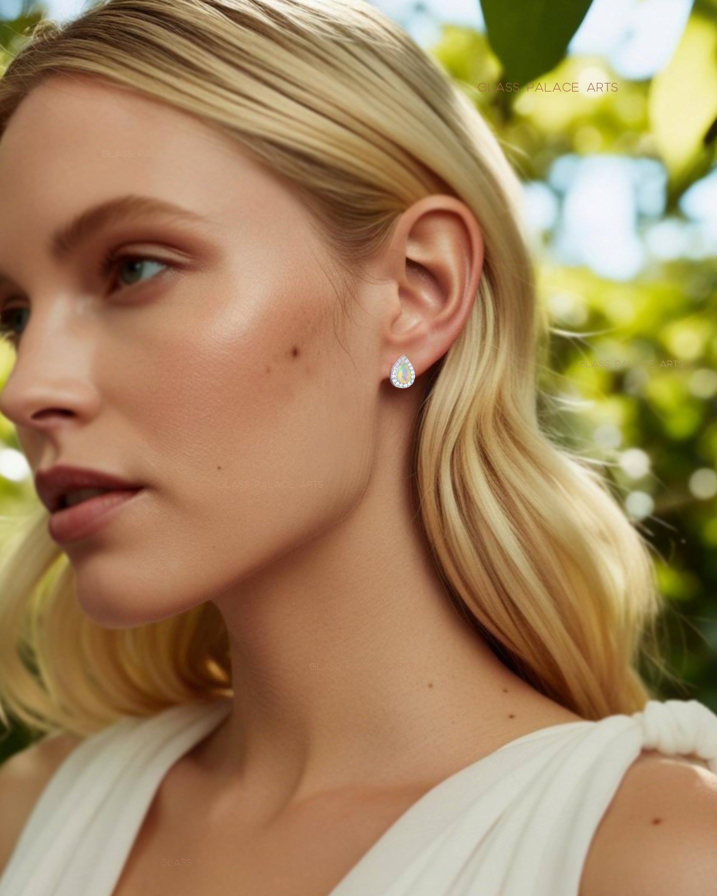 Ethiopian Opal Earring Studs With White Topaz - Pear Cut 925 Sterling Silver