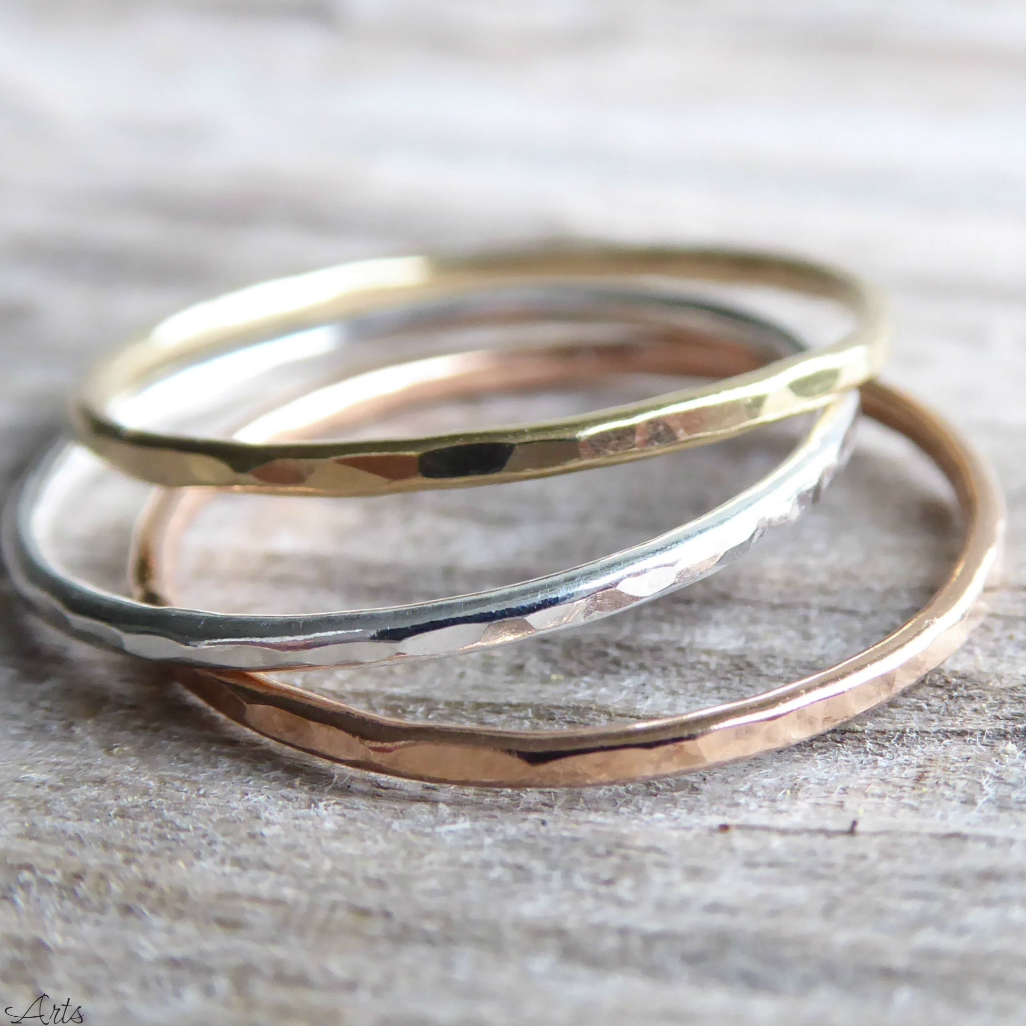 Hammered Stacking Rings Trio - Thin 1mm Bands In Silver, 14k Gold Fill, or Rose Gold Fill