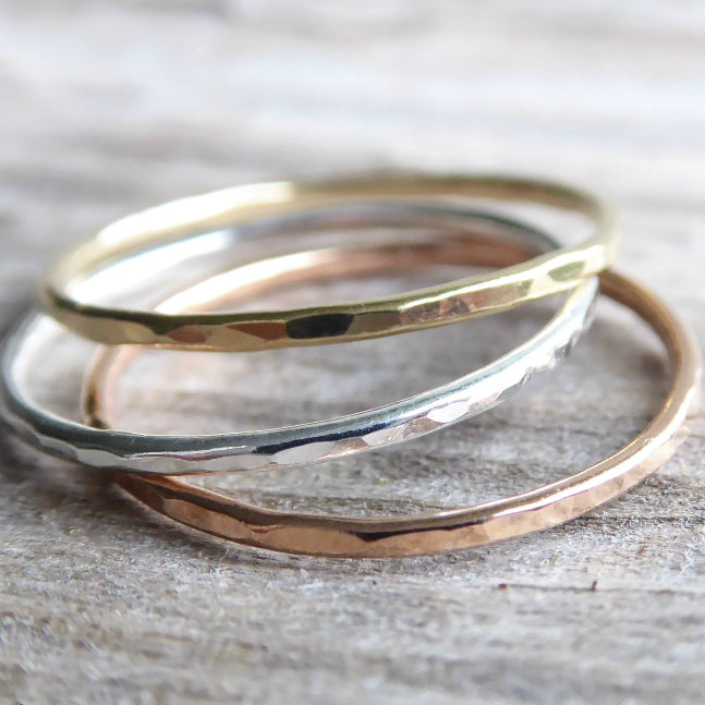 Hammered Stacking Rings Trio - Thin 1mm Bands In Silver, 14k Gold Fill, or Rose Gold Fill