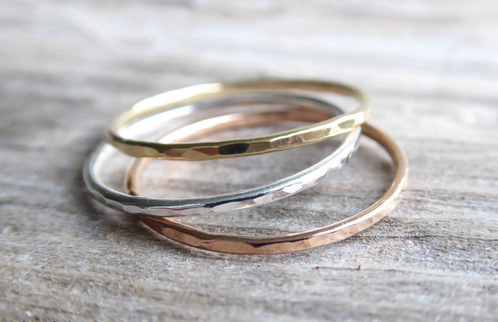 Hammered Stacking Rings Trio - Thin 1mm Bands In Silver, 14k Gold Fill, or Rose Gold Fill