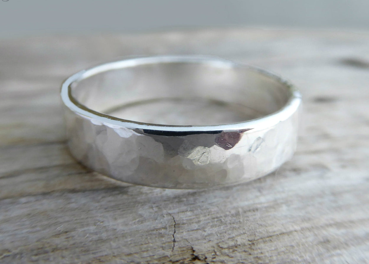 Thick Sterling Silver Hammered Ring for Men - Wedding Band For Him