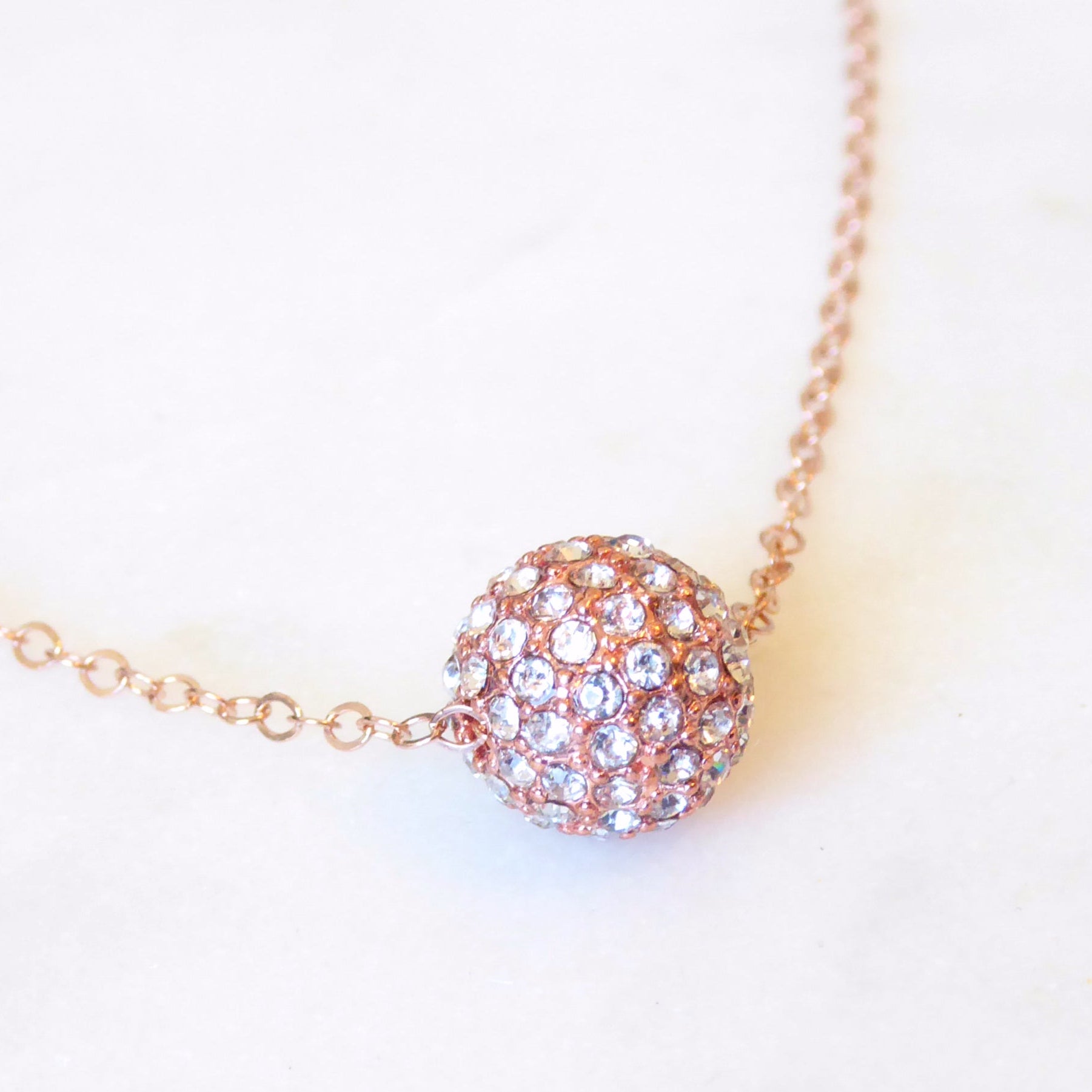 rose gold disco ball pave necklace on chain