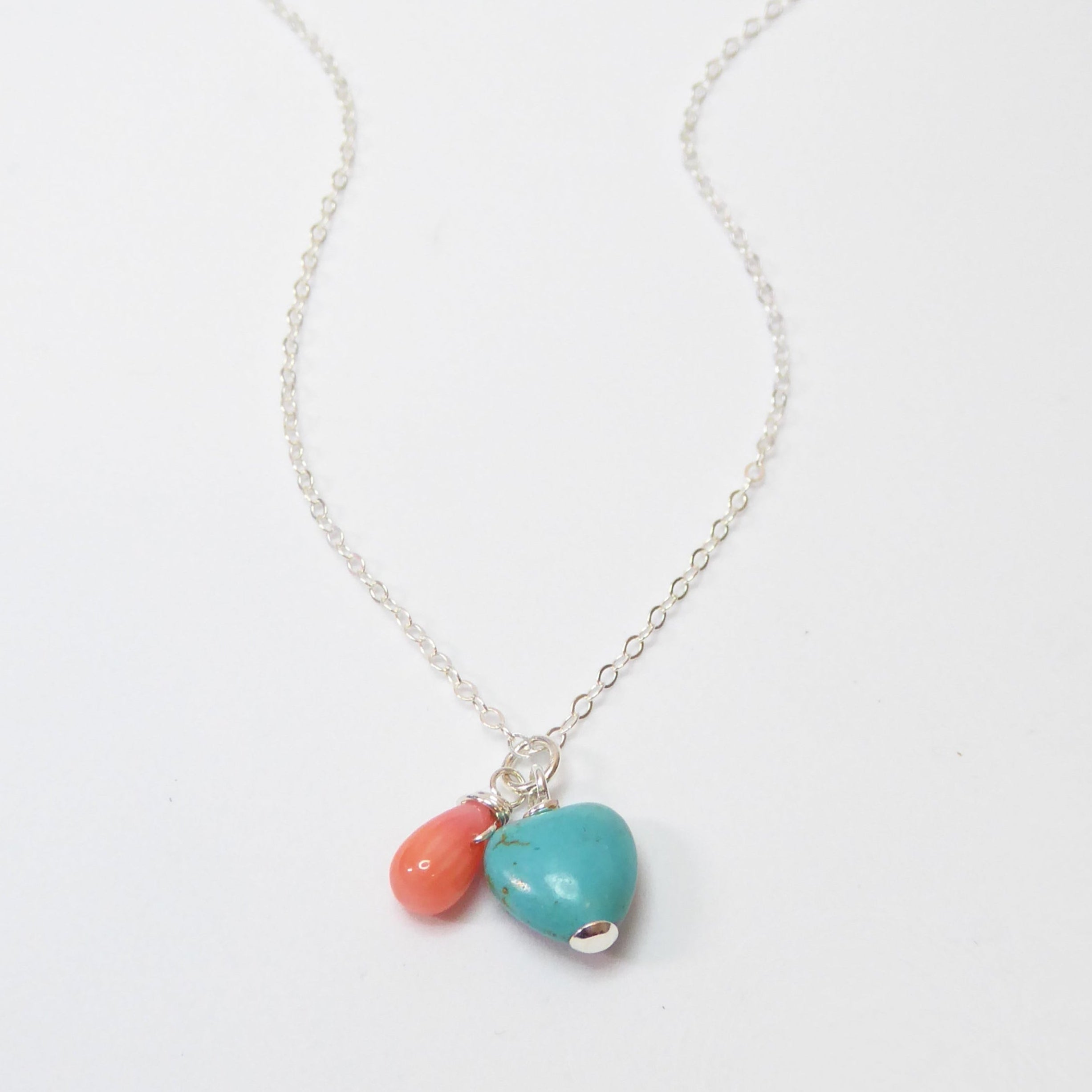 Turquoise Heart And Coral Teardrop Charm Necklace