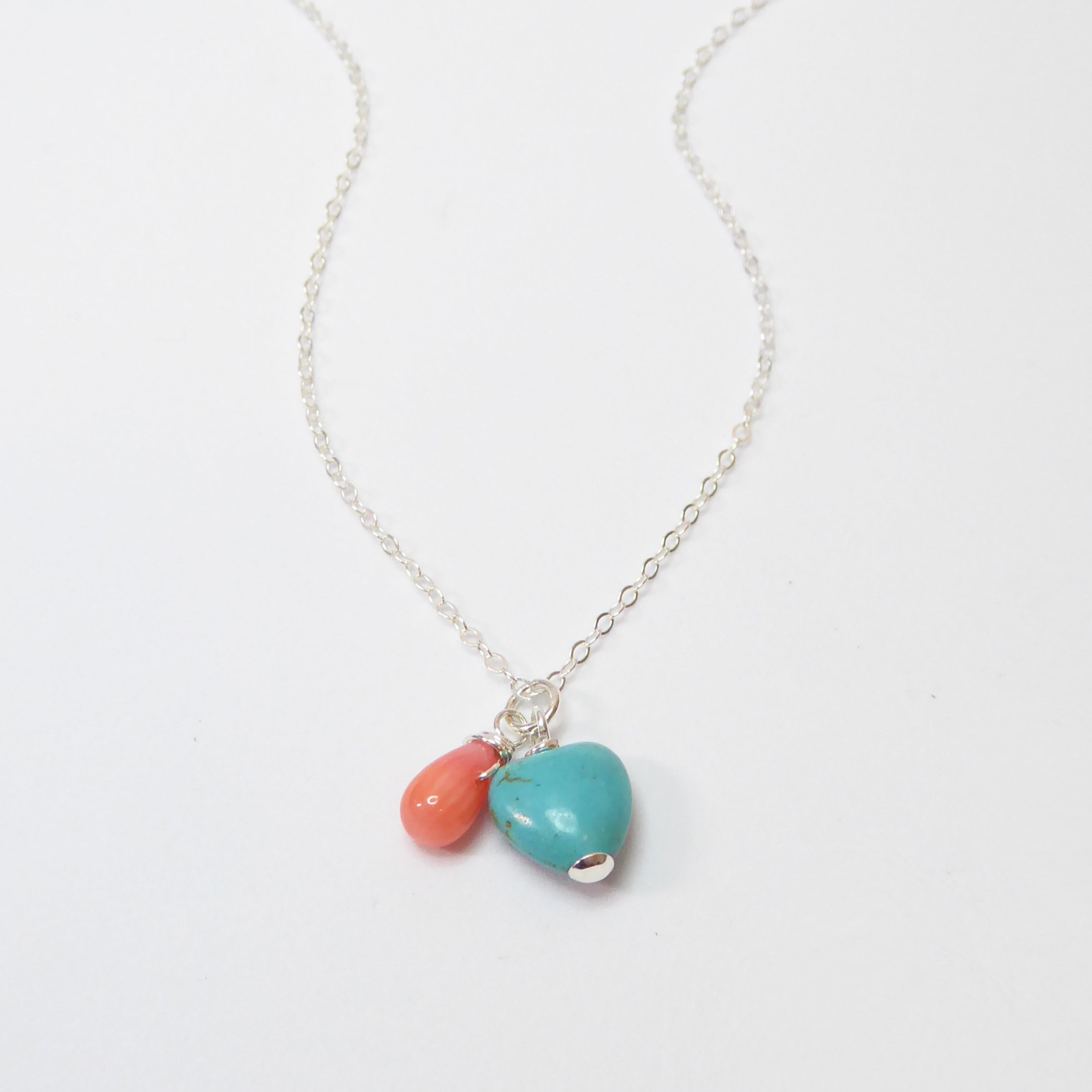 Turquoise Heart And Coral Teardrop Charm Necklace