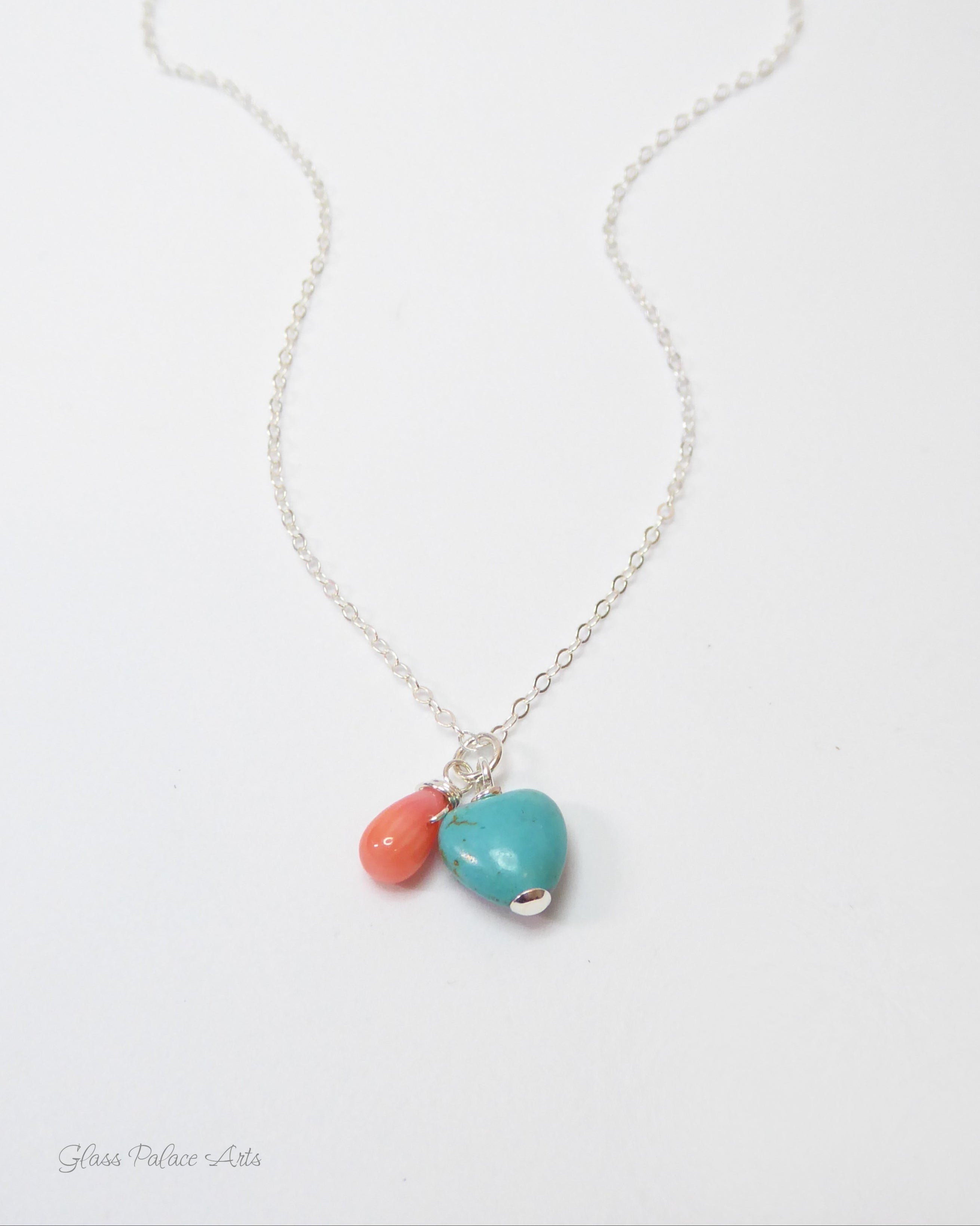 Turquoise Heart And Coral Teardrop Charm Necklace