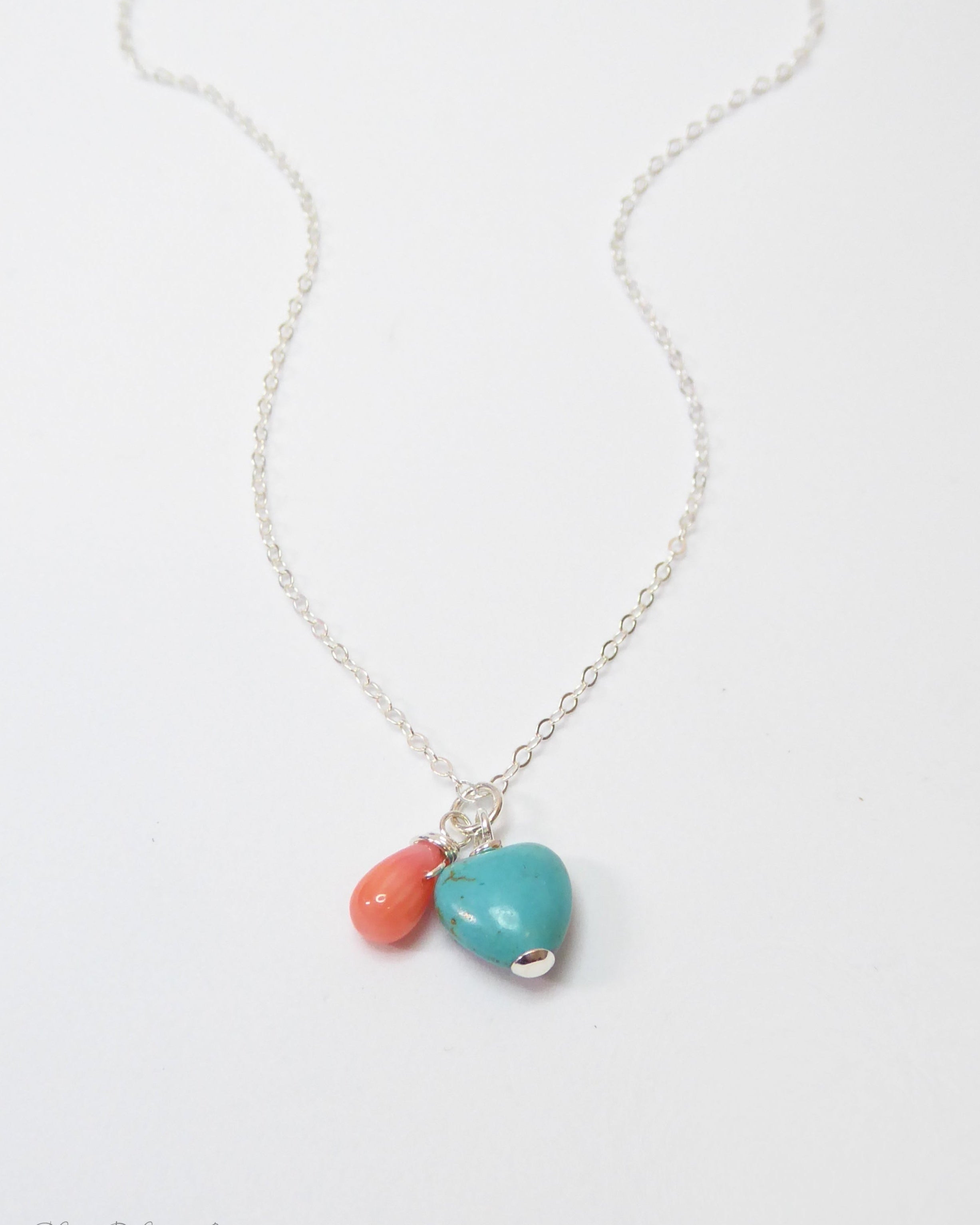 Turquoise Heart And Coral Teardrop Charm Necklace
