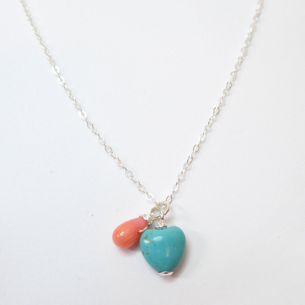 Turquoise Heart And Coral Teardrop Charm Necklace