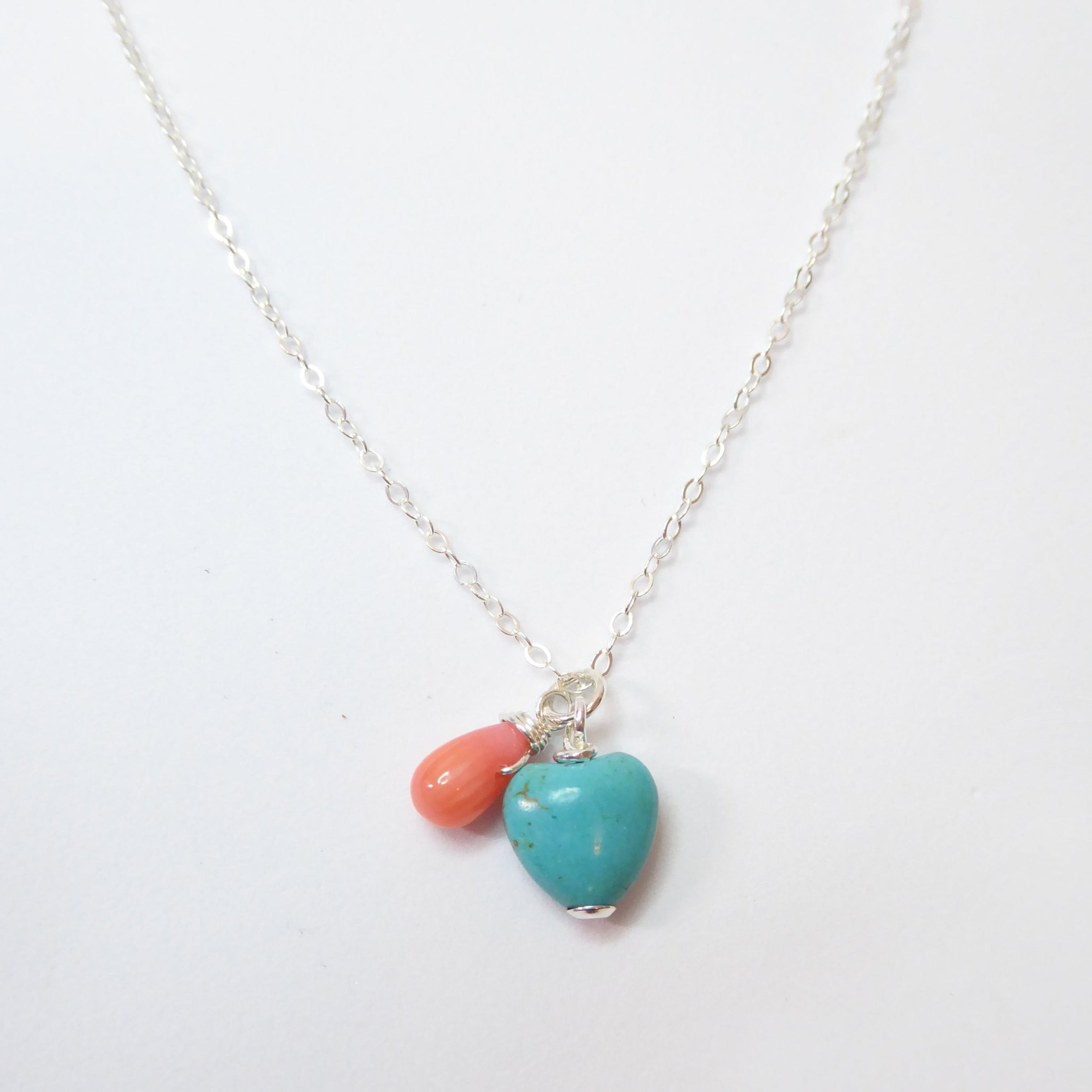 Turquoise Heart And Coral Teardrop Charm Necklace