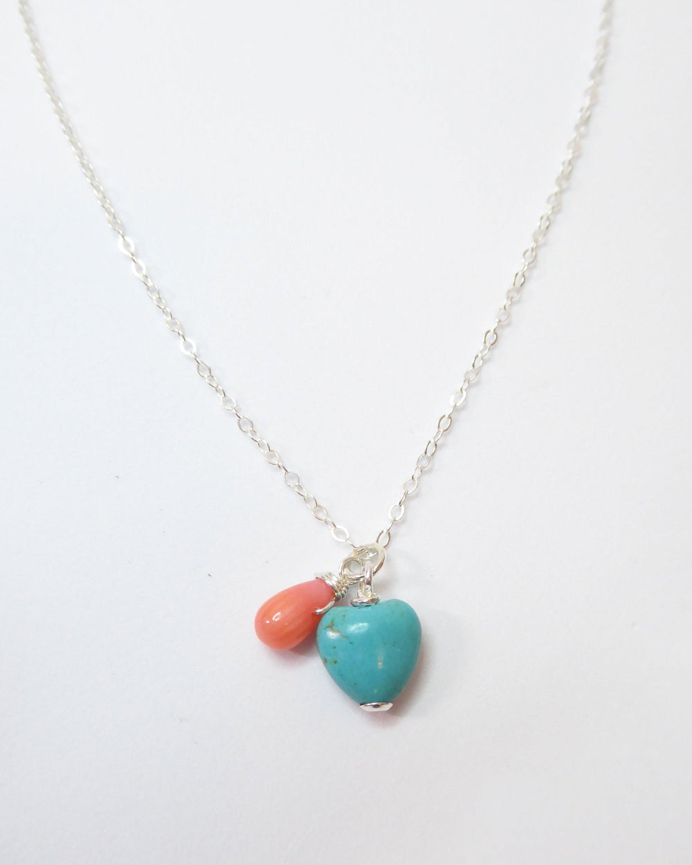Turquoise Heart And Coral Teardrop Charm Necklace