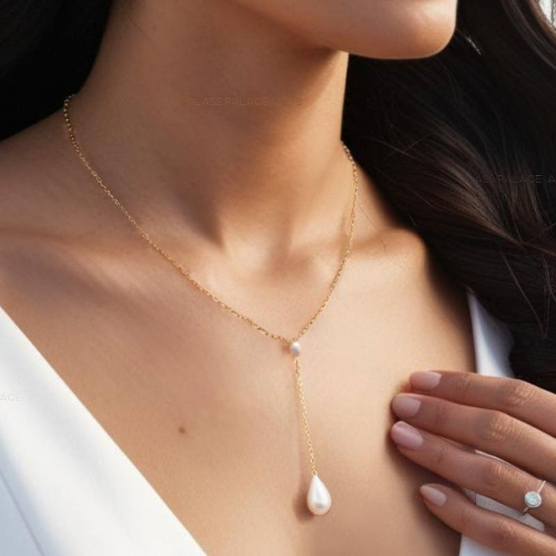 Freshwater Pearl Lariat Y Necklace With Teardrop Pearl Pendant