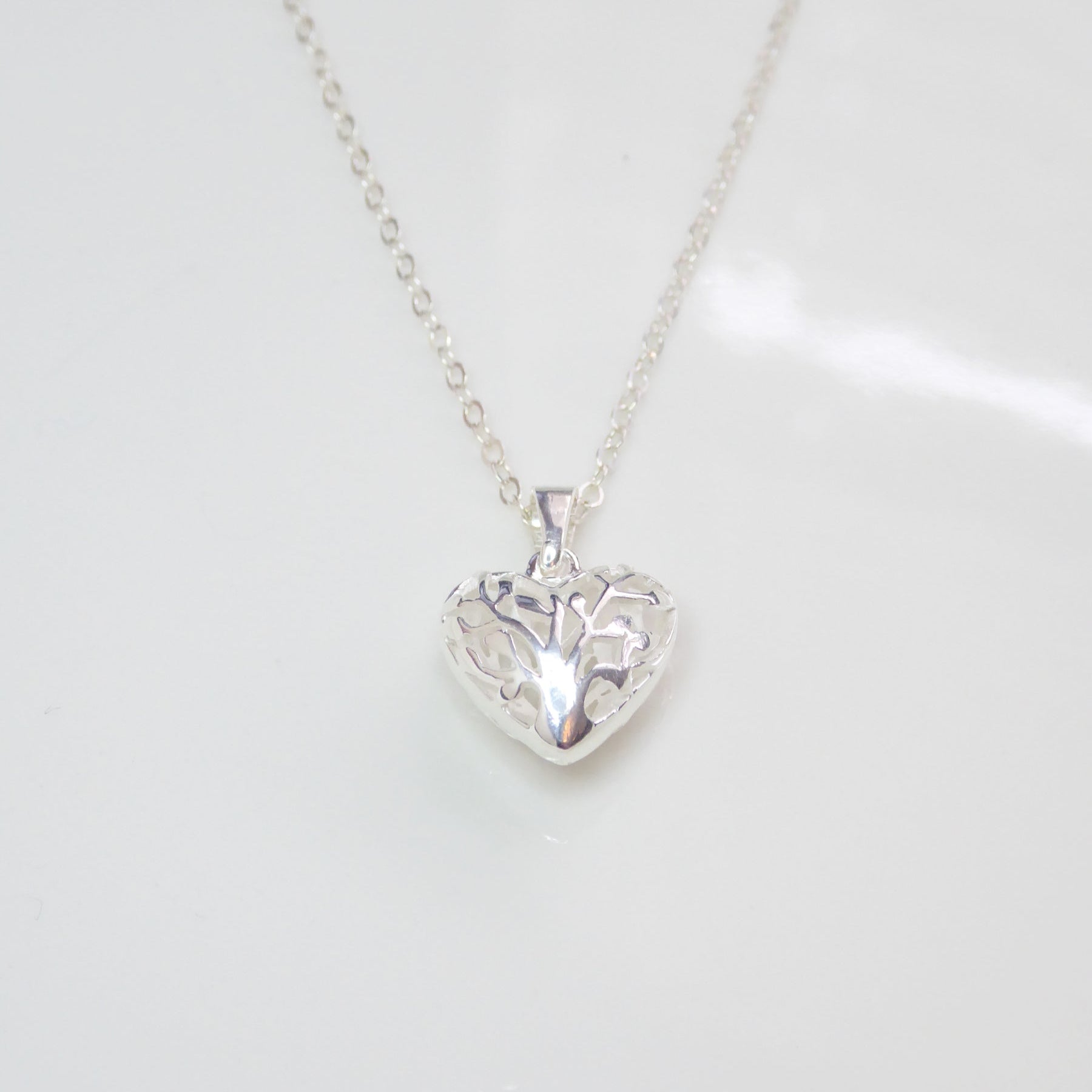 Sterling Silver Puff Heart Necklace With Filigree Tree Of Life Design