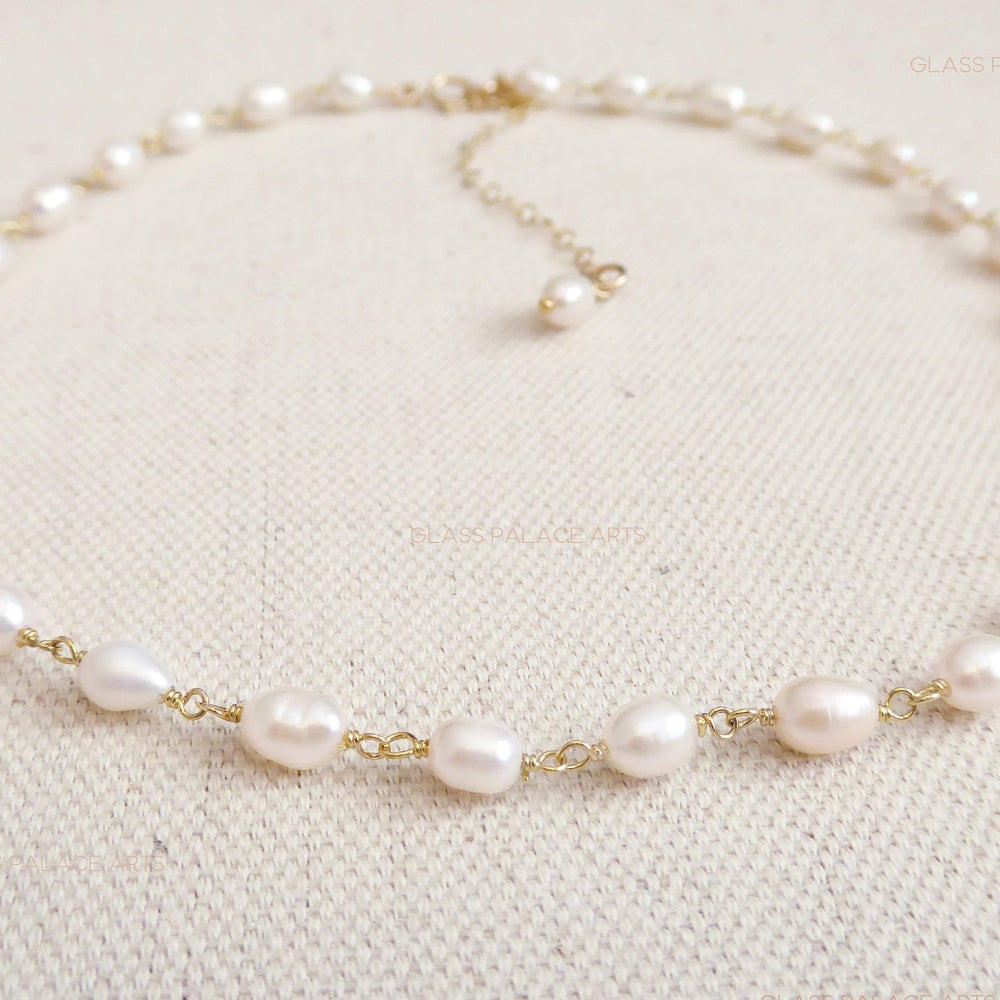 Dainty Freshwater Pearl Choker - Beaded 14k Gold Fill Chain Bridal Necklace