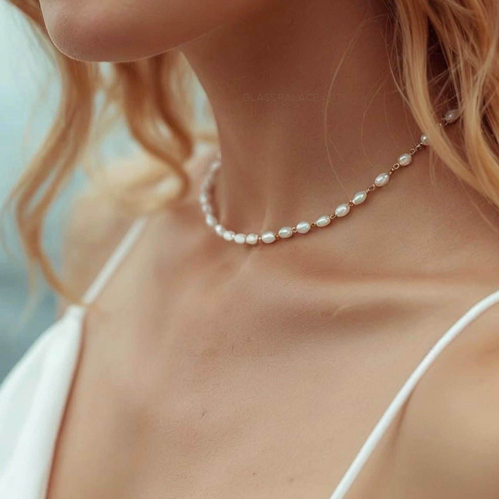 Dainty Freshwater Pearl Choker - Beaded 14k Gold Fill Chain Bridal Necklace