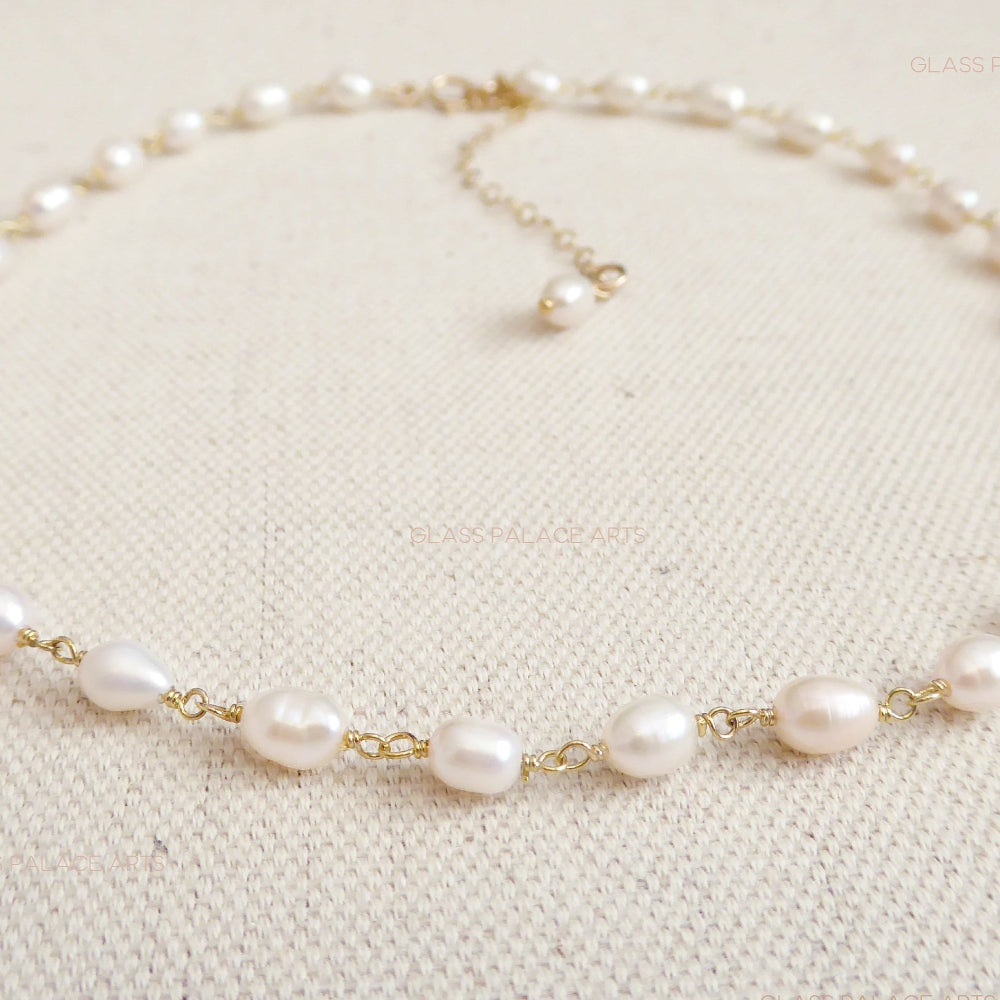 Dainty Freshwater Pearl Choker - Beaded 14k Gold Fill Chain Bridal Necklace