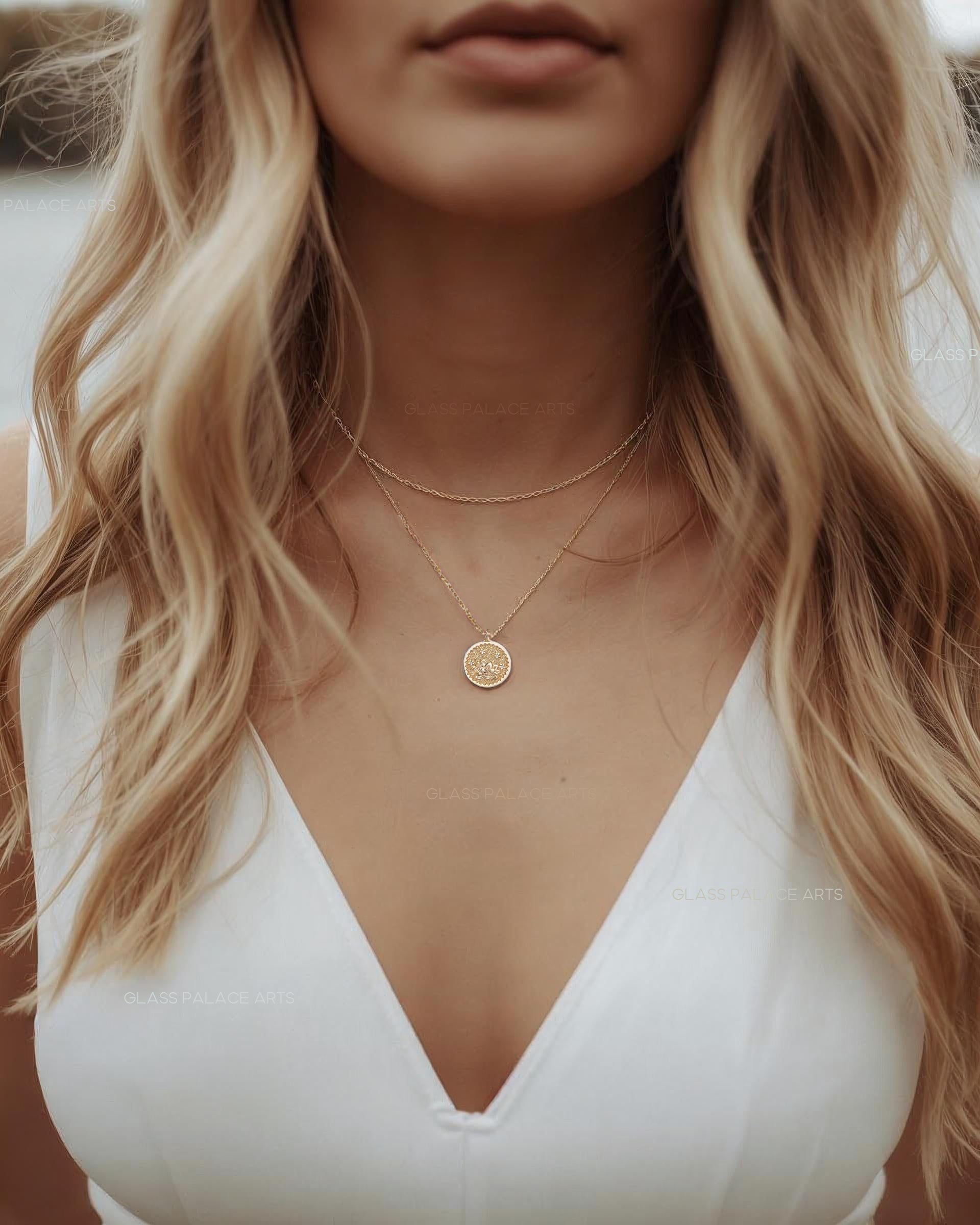 Gold Flower Coin Medallion Necklace – Layering Necklace With Dainty Floral Pendant