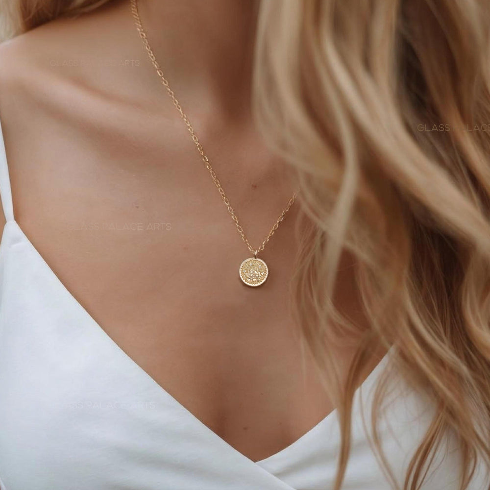 woman wearing Gold Flower Medallion Necklace with coin pendant Layering Nt