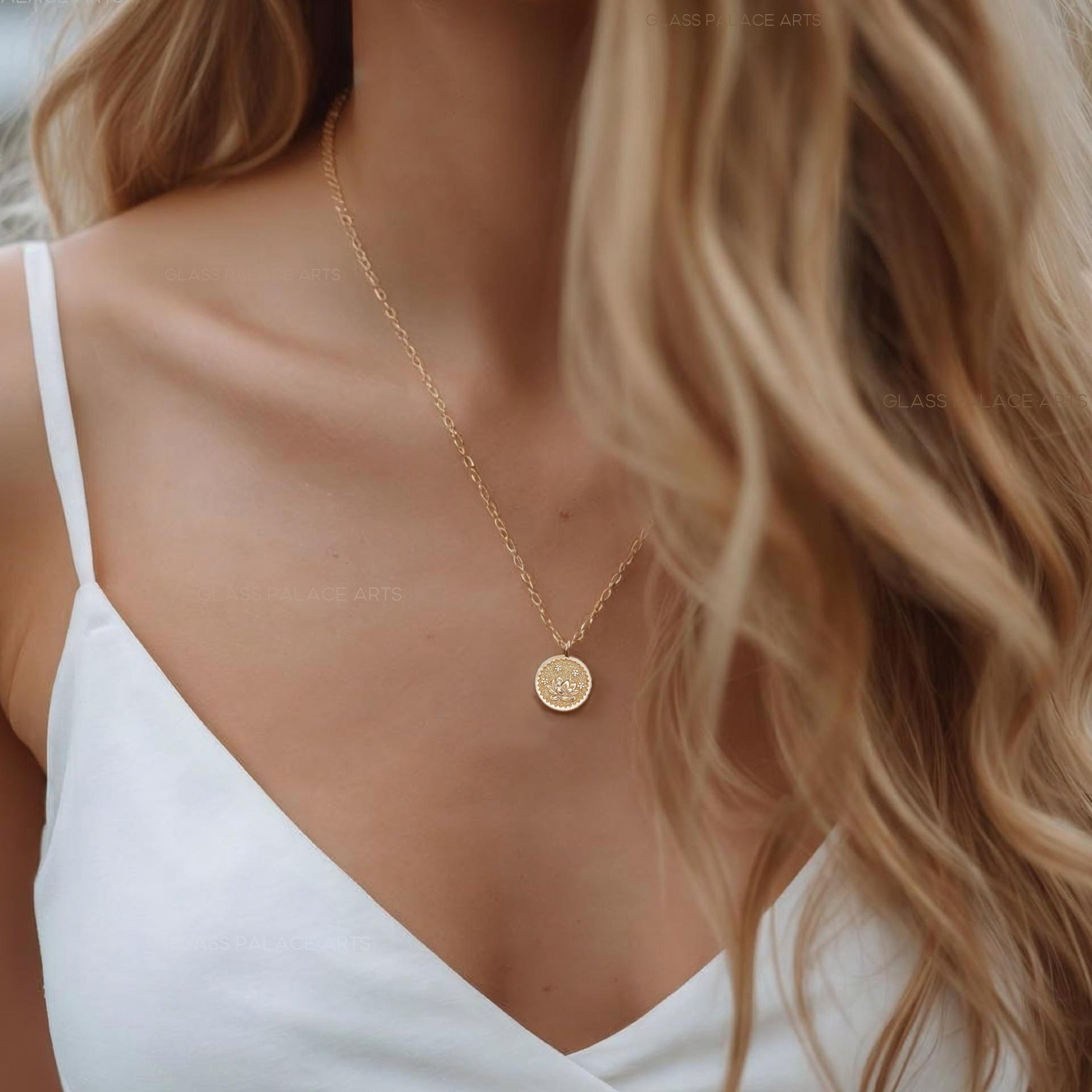 woman wearing Gold Flower Medallion Necklace  with coin pendant Layering Nt