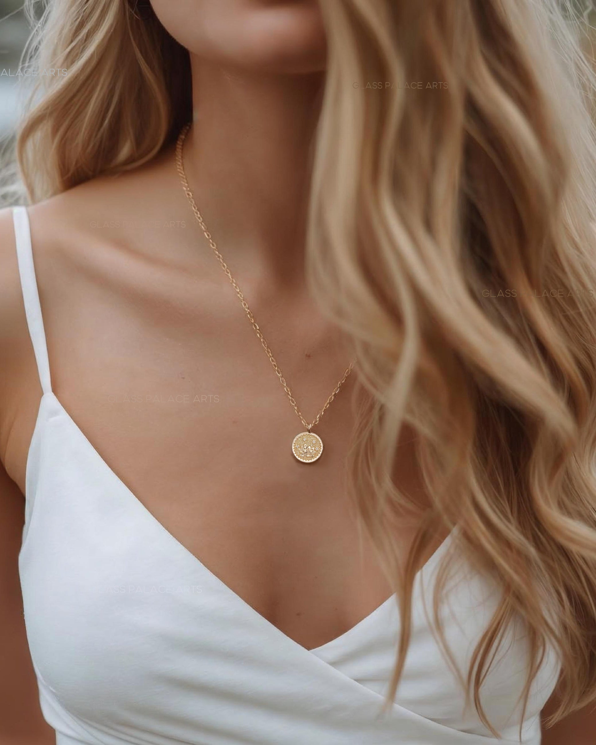 woman wearing Gold Flower Medallion Necklace with coin pendant Layering Nt